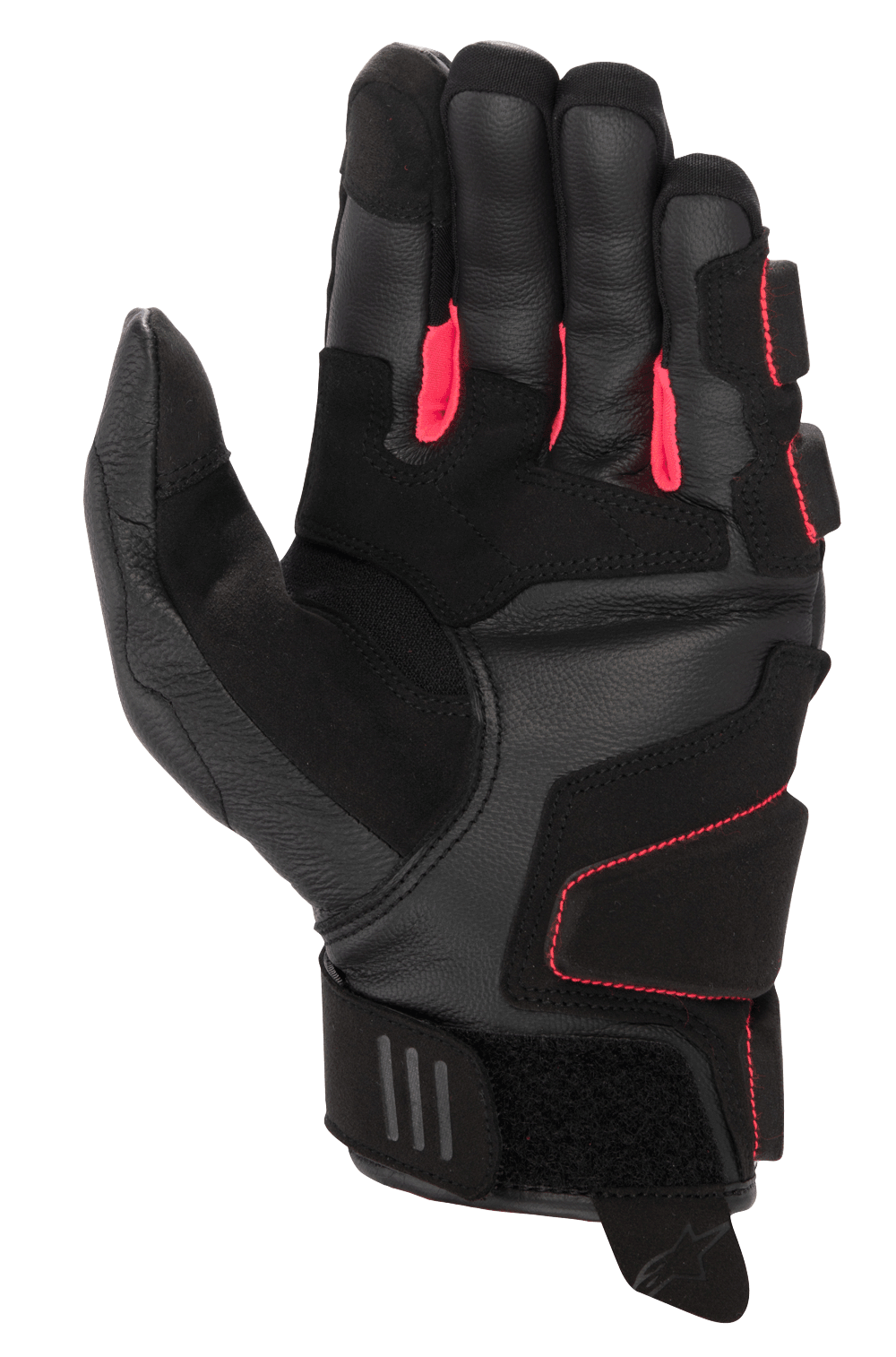 Alpinestars Stella Phenom Leather Air Glove för damer, motorcykelhandskar, svart och Diva Pink, vy av handflatan med förstärkt läderkonstruktion, klarrosa kilar mellan fingrarna och kort manschett med justerbar kardborrestängning