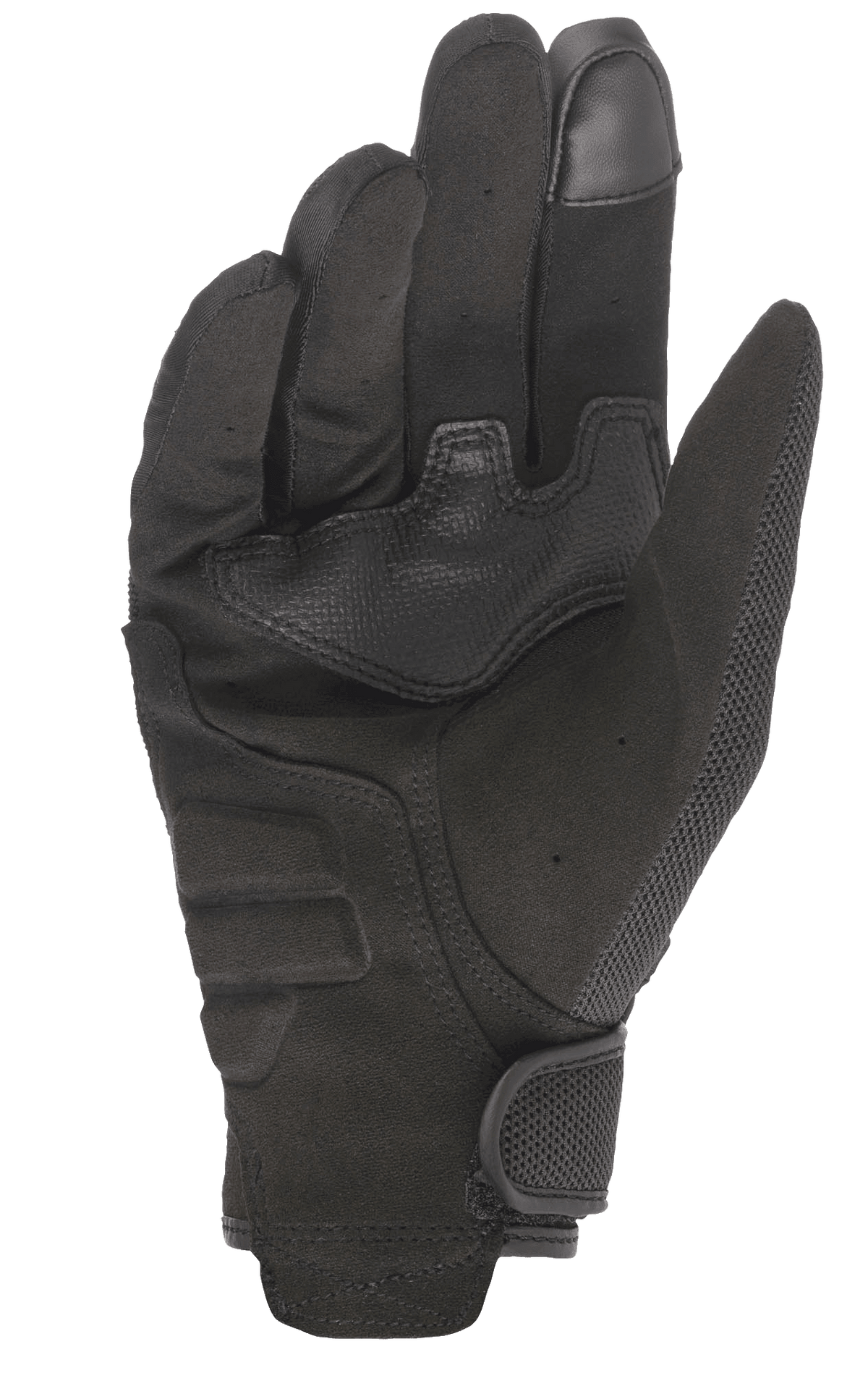 Alpinestars Stella Copper motorcykelhandskar för damer, vy av handflatan, svarta, med hel handflata i syntetmocka, förstärkningslappar, pekskärmskompatibel fingertopp och krok-och-ögla-stängning vid handleden.