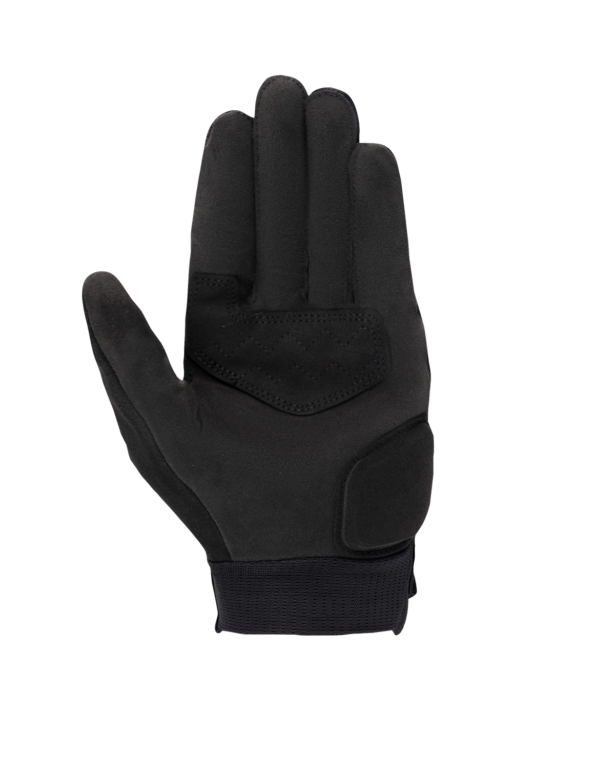Alpinestars Stated damhandskar, svarta, vy av handflatan som visar syntetiskt mockamaterial, förstärkta områden vid handflata och tumme, pekskärmskompatibla fingertoppar och elastisk mudd vid handleden, urban motorcykelutrustning