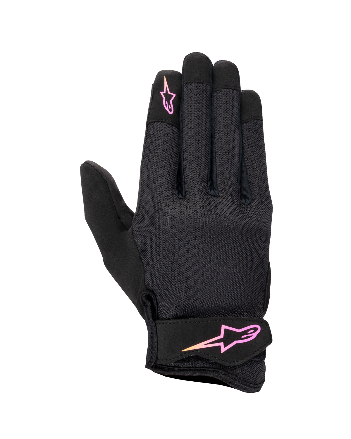Alpinestars Stated damhandskar, urban motorcykelhandskar, svarta med rosa och gul gradient-logotyp, texturerad ovansida i airprene, kardborreband vid handleden, lätt och ventilerande sommarutrustning
