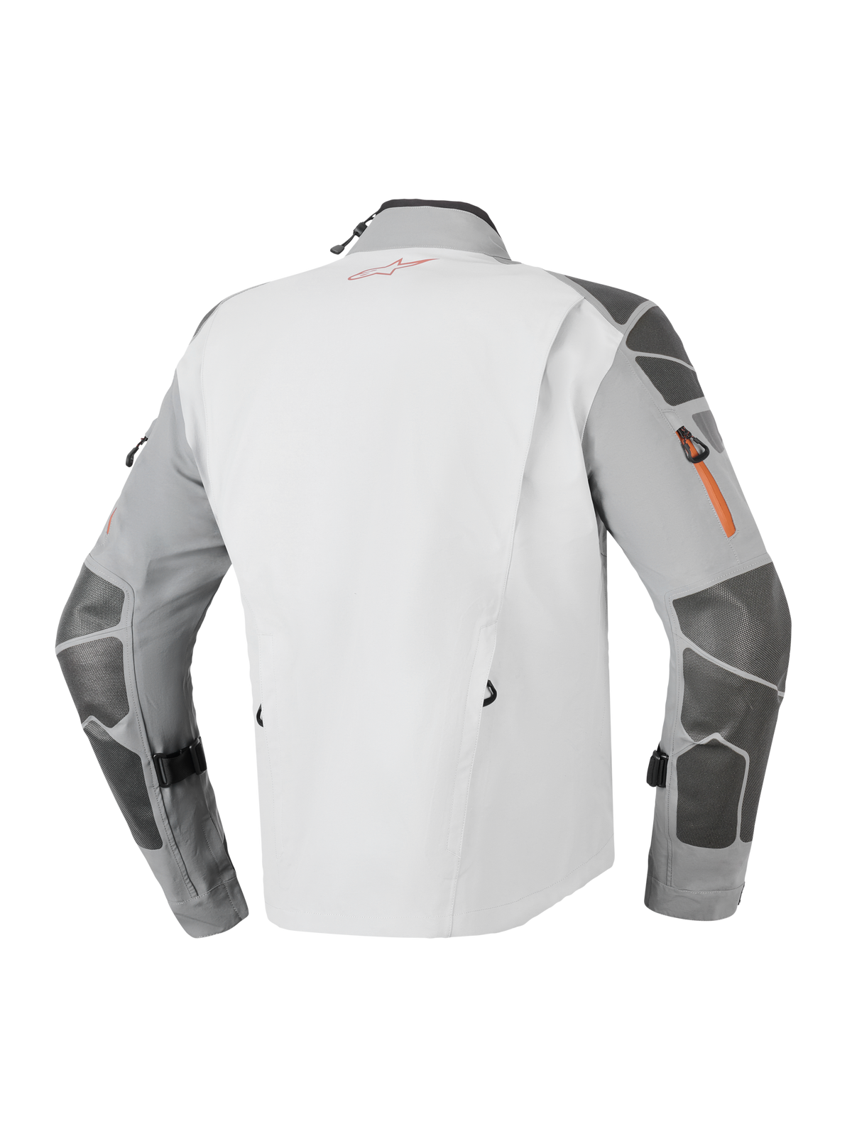 Alpinestars Nazca 3L GORE-TEX PRO-jacka, äventyrsjacka för motorcykel, mörkgrå och mellangrå, vy bakifrån med Superfabric-förstärkningar på ärmar och axlar, orange dragkedjedetaljer och teknisk 3-lagers laminerad konstruktion.