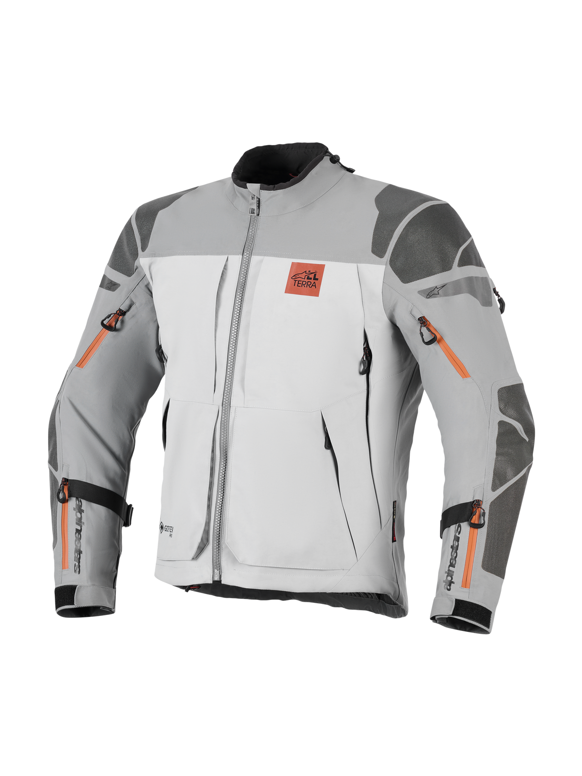 Alpinestars Nazca 3L GORE-TEX PRO-jacka, motorcykeljacka för äventyr, mörkgrå och mellangrå med orangea dragkedjedetaljer, All Terra-logotyp på bröstet, Superfabric-förstärkningar på axlar och armbågar, flera ventilationsöppningar med dragkedja, robust touringdesign