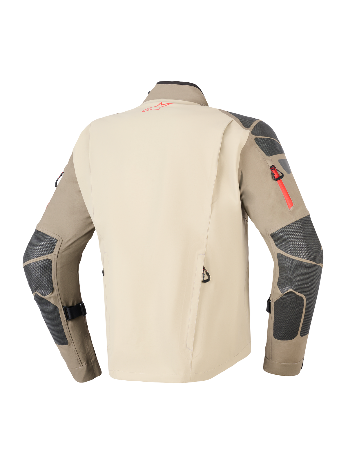 Alpinestars Nazca 3L GORE-TEX PRO Jacka, Walnut Rock Brown, sedd bakifrån med beige ryggpanel och bruna ärmar, mörkgrå förstärkningar på axlar och armbågar, röda detaljer på dragkedja och logotyp, hållbar motorcykelutrustning för äventyr och touring