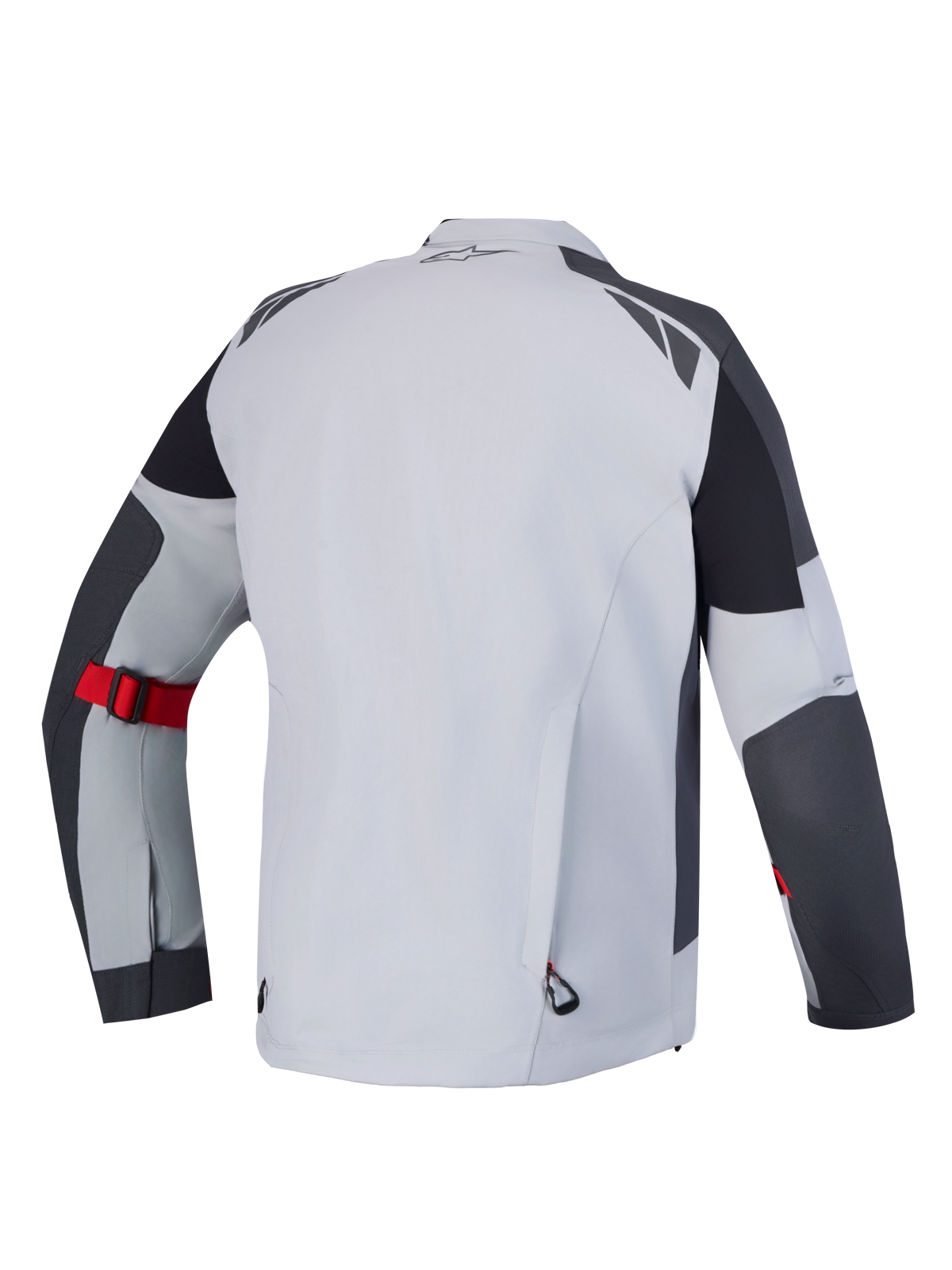 Alpinestars Arenis Gore-Tex jacka, äventyrstouring motorcykeljacka, baksida i ljusgrå, mörkgrå och svart med röd justeringsrem på underarmen och vattentät konstruktion