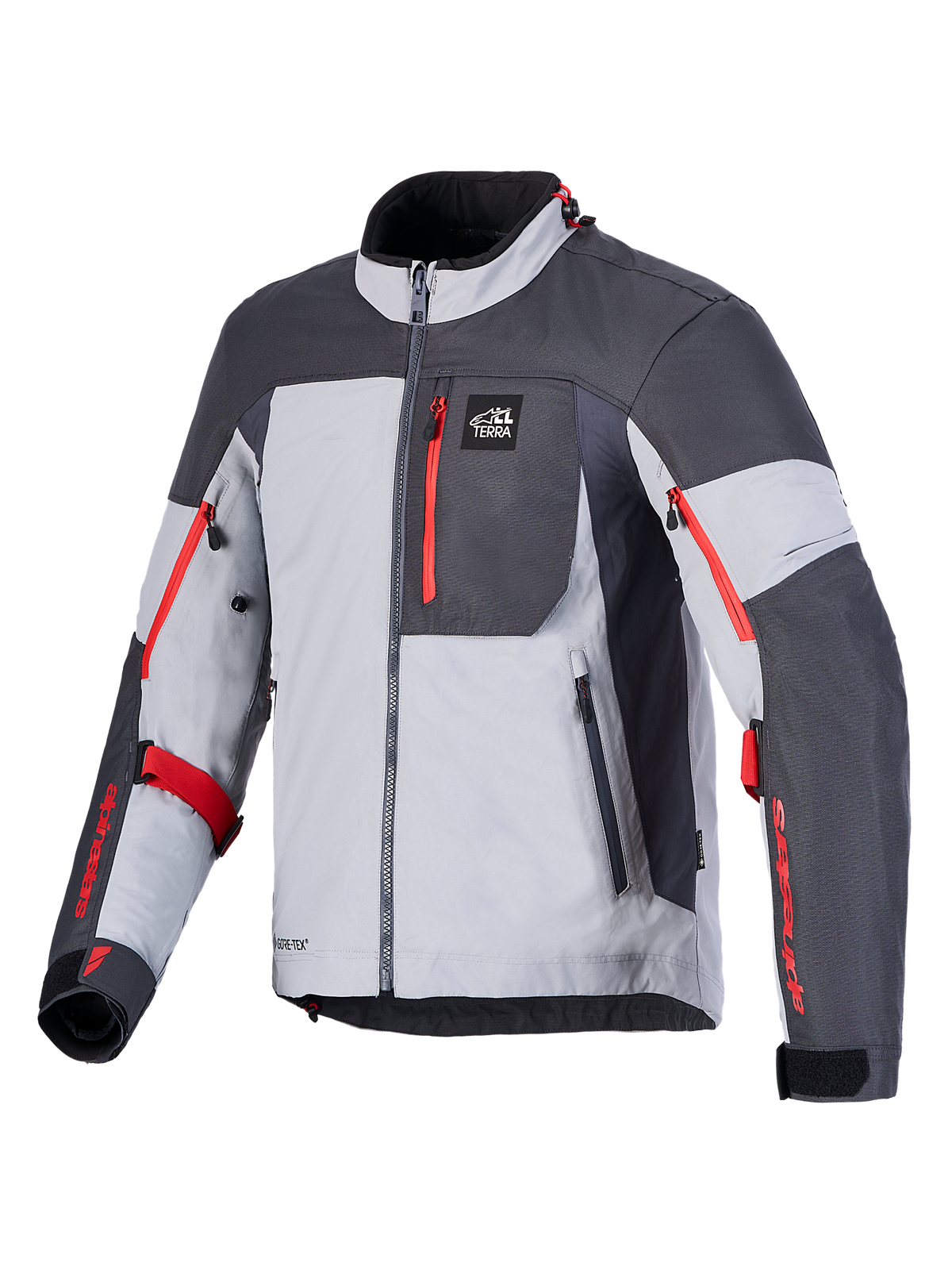 Alpinestars Arenis Gore-Tex jacka, äventyrstouring motorcykeljacka i gråa och svarta nyanser med röda detaljer, CE-certifierad med GORE-TEX-laminatkonstruktion