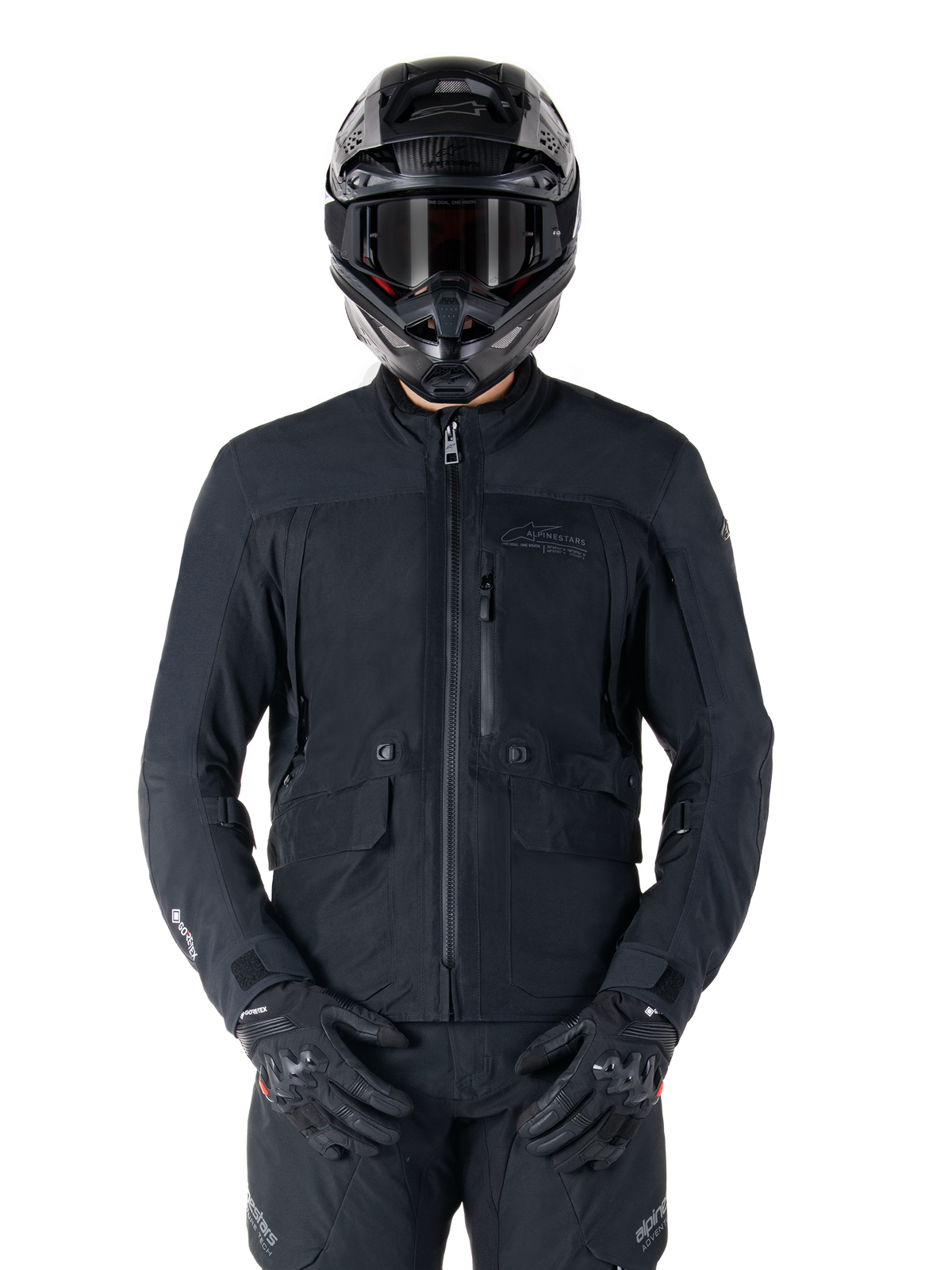 Alpinestars St-7 Prime GORE-TEX-jacka, svart motorcykeljacka för touring, vattentät och andningsbar, dragkedja framtill, flera fickor, bärs med matchande hjälm och handskar, förstklassigt skydd för körning i alla väder