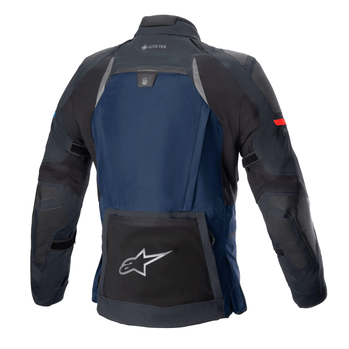 Alpinestars Boulder GORE-TEX-jacka, teknisk touring-motorcykeljacka, mörkblå och svart, vy bakifrån med en stor bakre förvaringsficka med silverstjärnlogotyp, vätskefack och GORE-TEX-märkning på kragen.