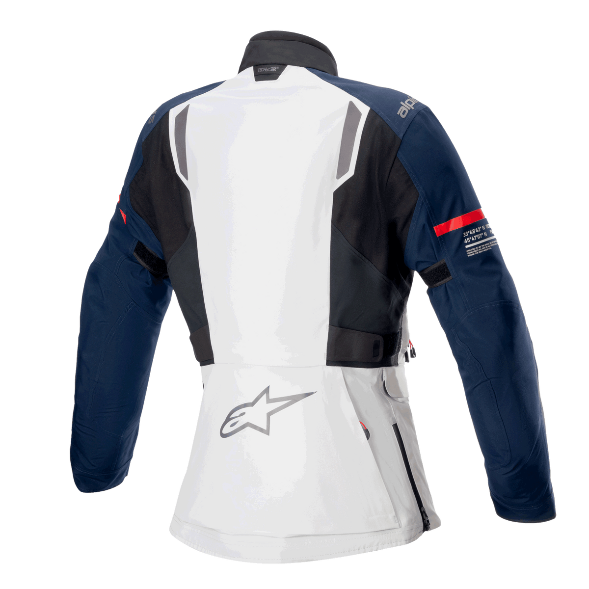 Alpinestars Stella ST-7 2L GORE-TEX damjacka, baksida, isgrå, mörkblå och svart, med röd rand på ärmen och Alpinestars-logotyp, motorcykelutrustning för äventyrstouring
