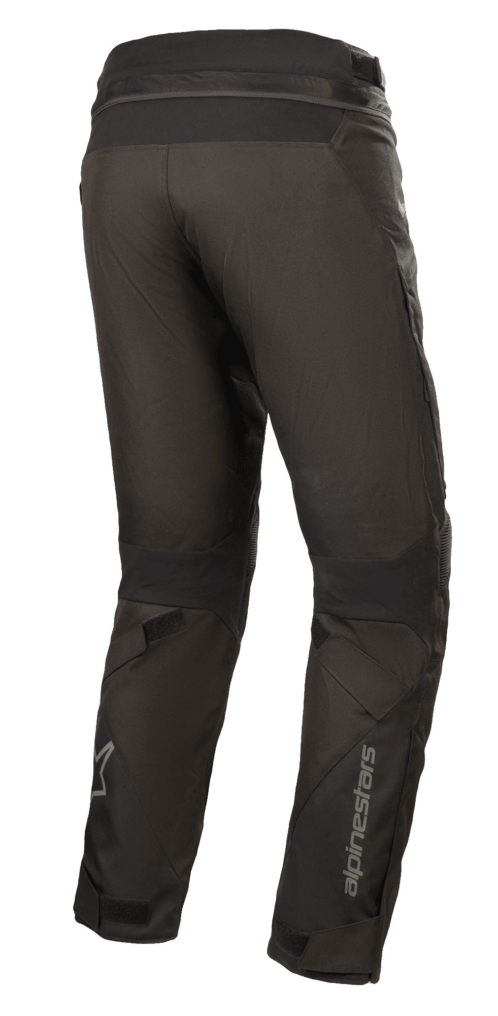 Alpinestars Road Pro GORE-TEX Pants, Black Motorcycle Pants, back view showing tapered touring fit, technical textile construction, Alpinestars branding on lower leg, accordion stretch panels, and adjustable straps for adventure touring.
