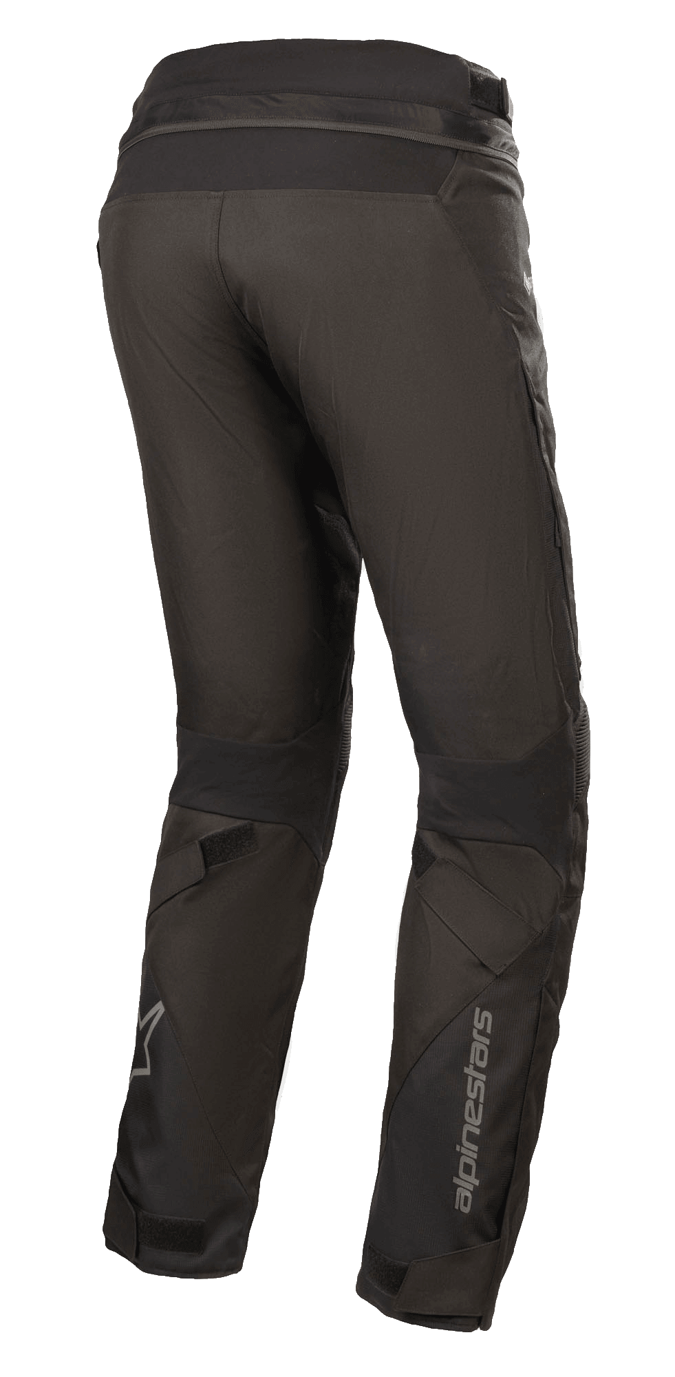 Alpinestars Stella Road Pro GORE-TEX Byxor för dam, svarta, trekvartsvy bakifrån, tekniska textilbyxor för motorcykel med reflekterande Alpinestars-logotyp på underbenet, avsmalnande passform, kardborrejustering på benen och anslutningsdragkedja i midjan för adventure touring.