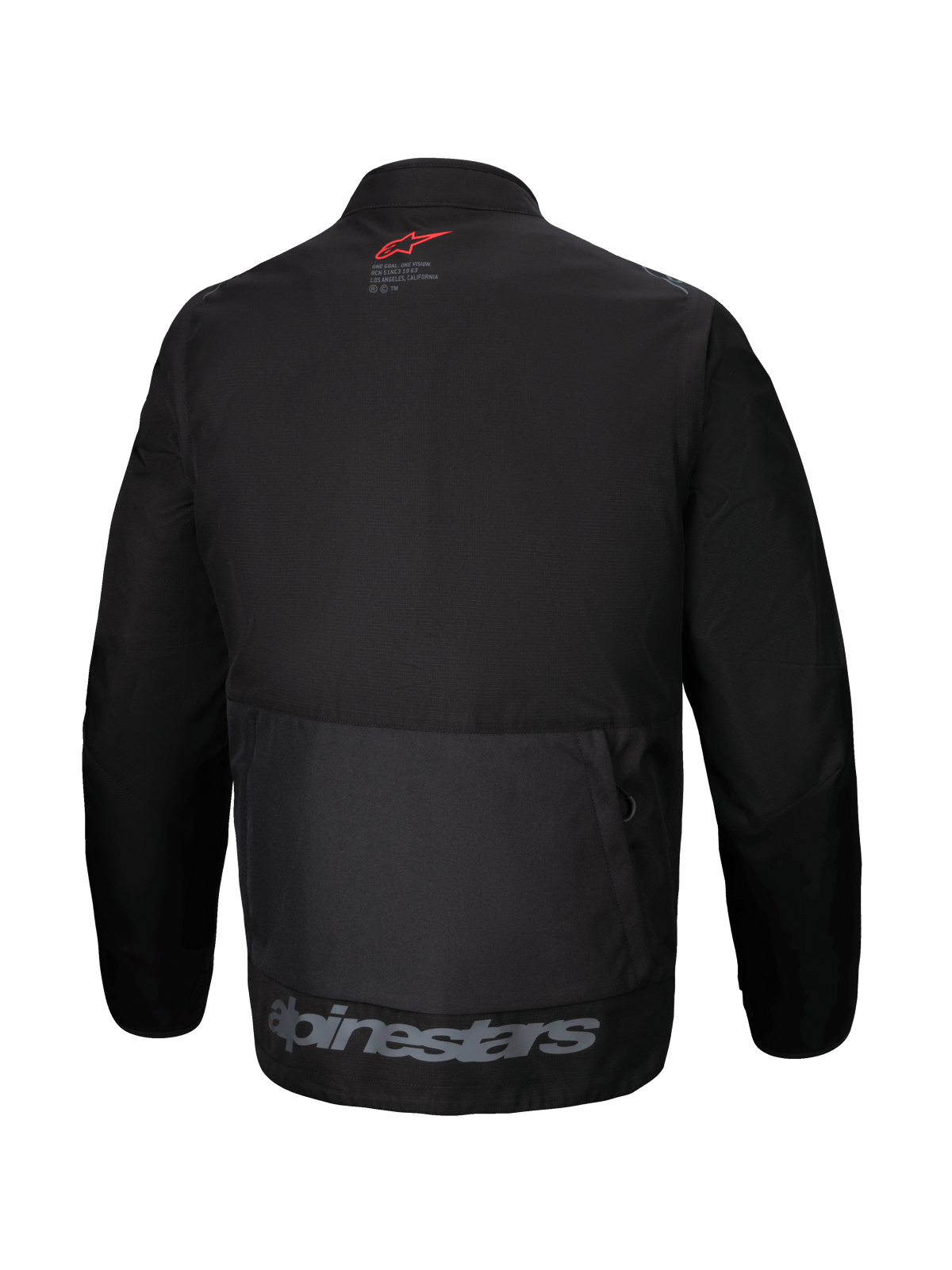 Alpinestars Pro-Dura-jacka, sedd bakifrån, svart endurojacka i textil, stor bakre förvaringsficka, röd stjärnlogotyp i nacken, grå Alpinestars-logotyp i nederkanten, robust offroad-design