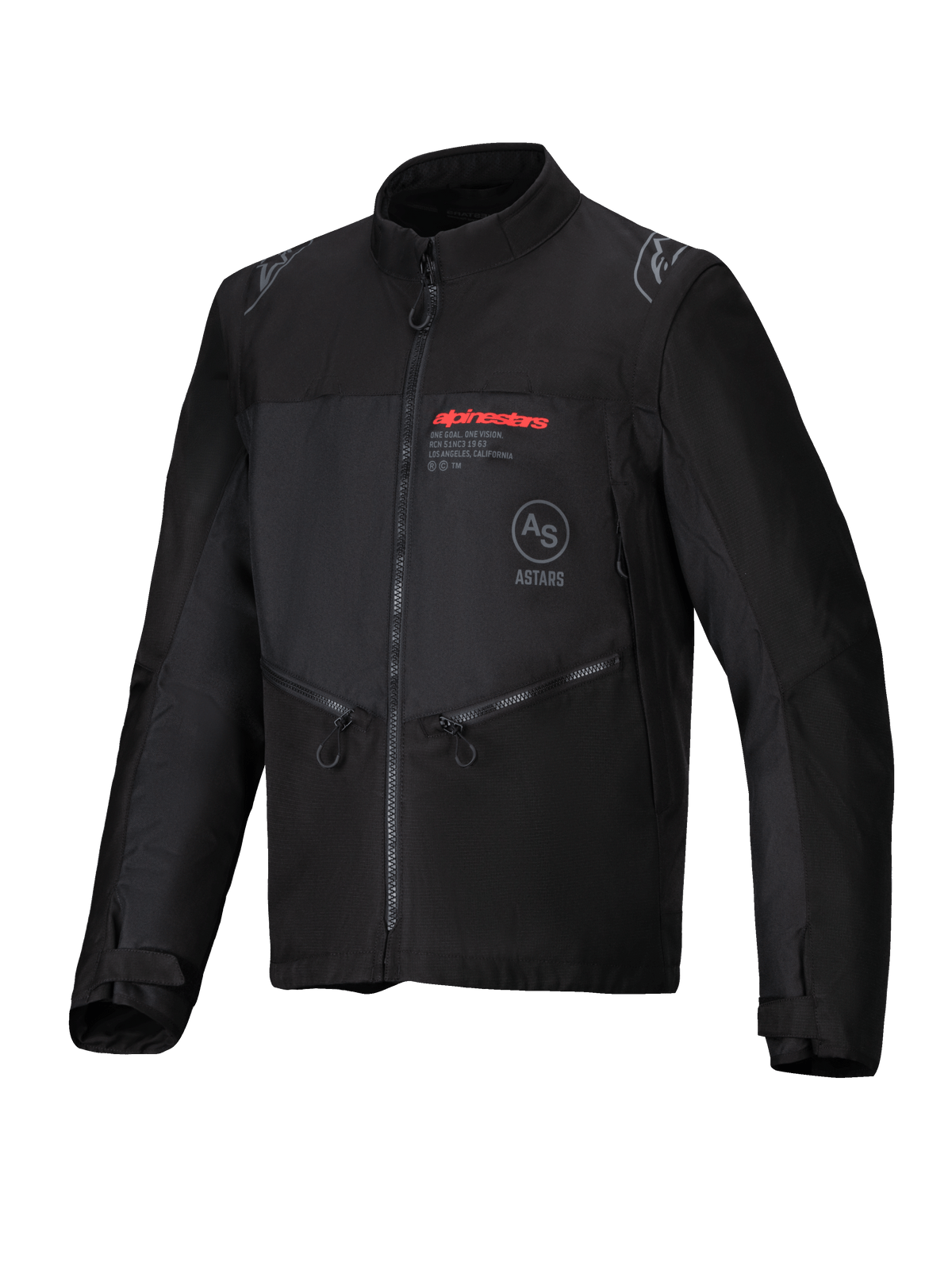 Alpinestars Pro-Dura jacka, svart, off-road motorcykeljacka i slitstark ripstop-textil, röd Alpinestars-logotyp på bröstet, snedställda fickor med dragkedja och stjärnlogotypdetaljer på axlarna