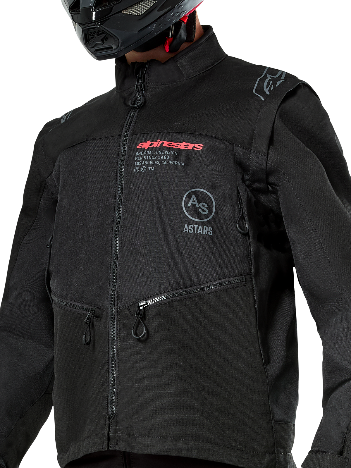 Alpinestars Pro-Dura jacka, svart offroad-motorcykeljacka med röd Alpinestars-logotyp och en grå cirkulär Astars-logotyp på bröstet, handfickor med dragkedja och slitstark ripstop-textilkonstruktion, rally-inspirerad design för endurokörning.