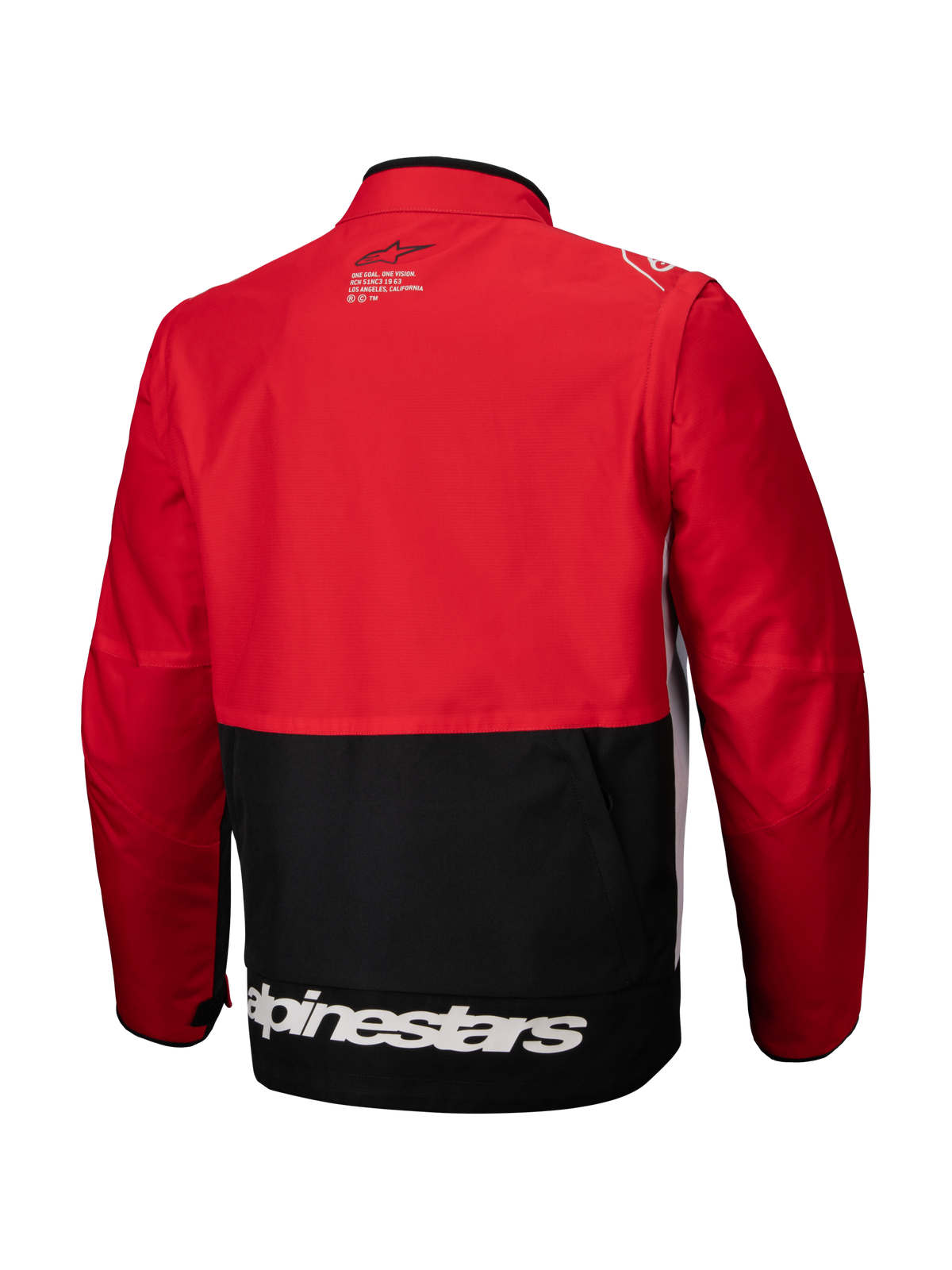 Alpinestars Pro-Dura Jacket, Off-Road Enduro Jacket, Black Bright Red White, back view, featuring a red upper body and sleeves with a black lower panel, white Alpinestars logo across the bottom hem, and durable ripstop textile construction for aggressive trail riding.
