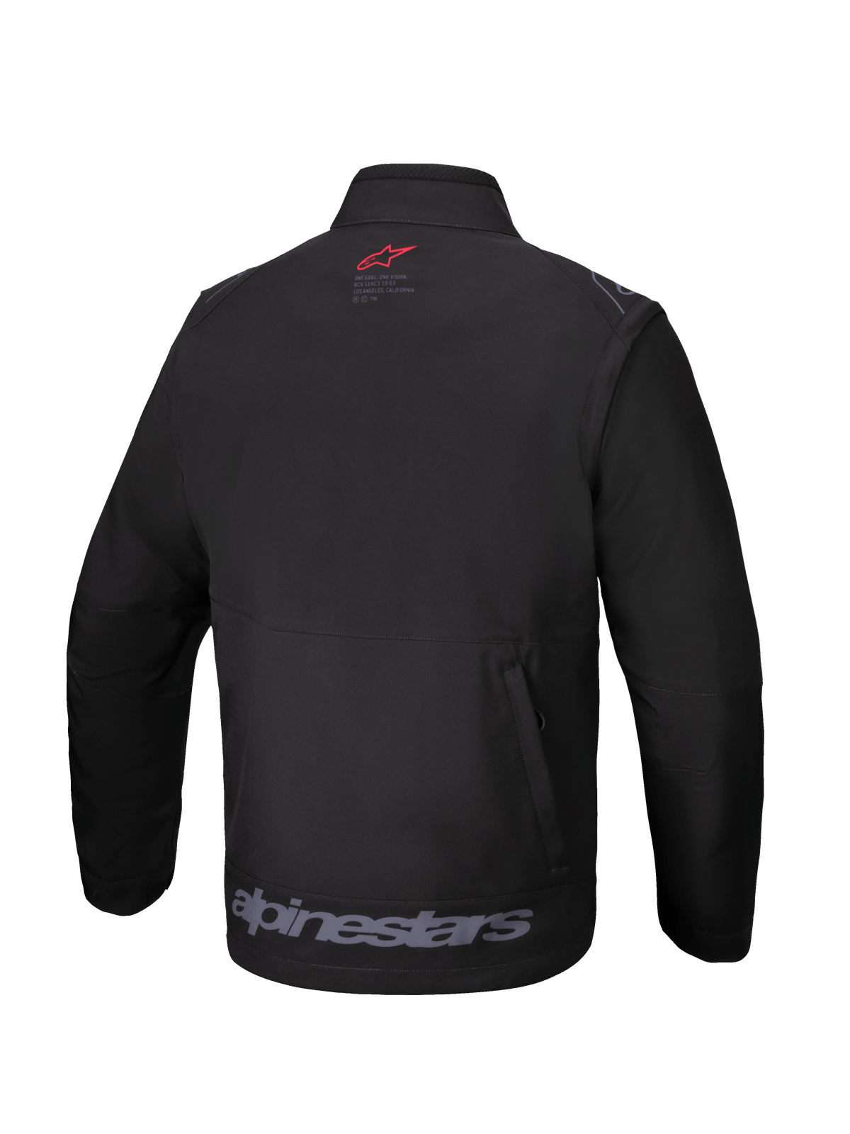 Alpinestars Lite-Dura Softshell-jacka, svart, vy bakifrån, med en liten röd logotyp i nacken, stor grå Alpinestars-textlogotyp i nederkanten och en vertikal bakficka med dragkedja, teknisk offroad-utrustning för enduro och motocross.