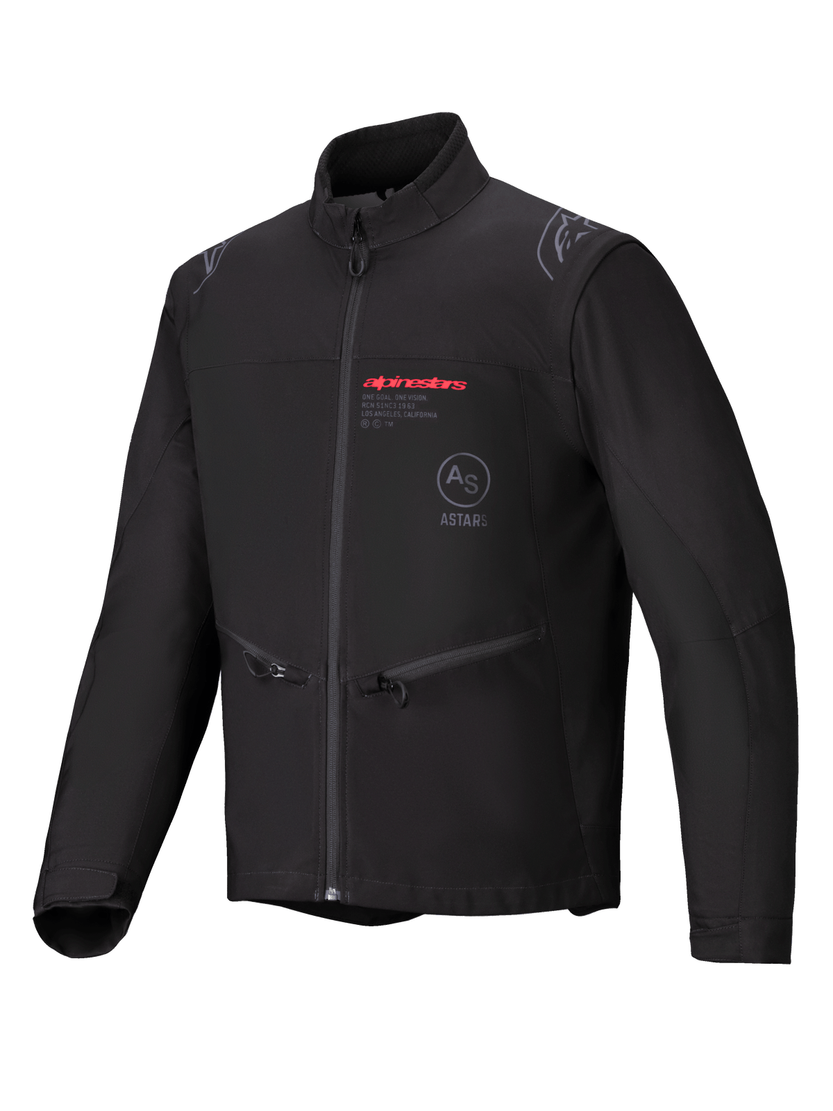 Alpinestars Lite-Dura Softshell-jacka, svart, enduro- och offroad-motorcykeljacka, med röd Alpinestars-märkning och AS ASTARS-logotyp på bröstet, handfickor med dragkedja och vindtät softshell-konstruktion.