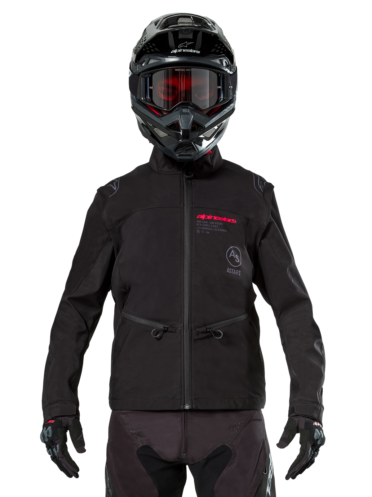 Motocrossförare som bär Alpinestars Lite-Dura Softshell-jacka i svart, med röda och grå logotypdetaljer på bröstet, svart hjälm med rödfärgade goggles, svarta handskar och byxor, framifrån av teknisk utrustning för terrängkörning
