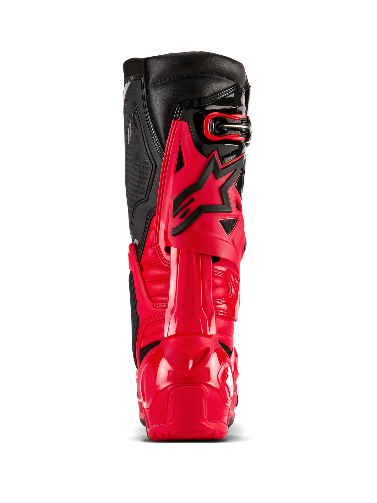 Alpinestars Tech 10 Enduro-stövlar, klarröda och svarta, vy bakifrån som visar Dynamic Heel Compression Protector och flexionram, professionell motocrossutrustning för terrängkörning med ett hållbart TPU-skal och svarta läderpaneler