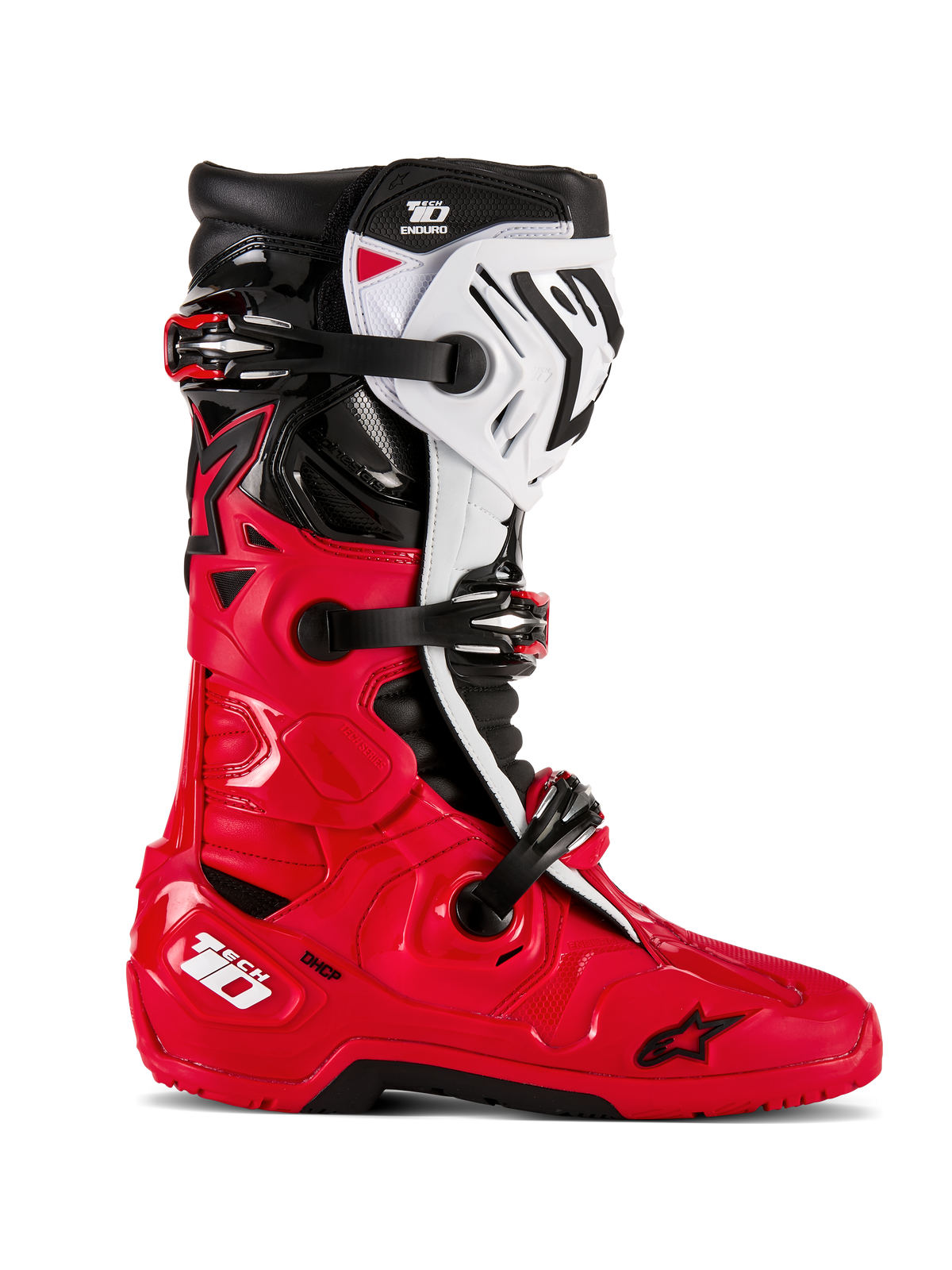 Alpinestars Tech 10 Enduro-stövlar, motocross- och terrängstövlar, ljusröda, svarta och vita, sidoprofil, tredubbelt spännsystem, robusta skyddspaneler, specialiserad endurosula med bra grepp, Astars-logotyp