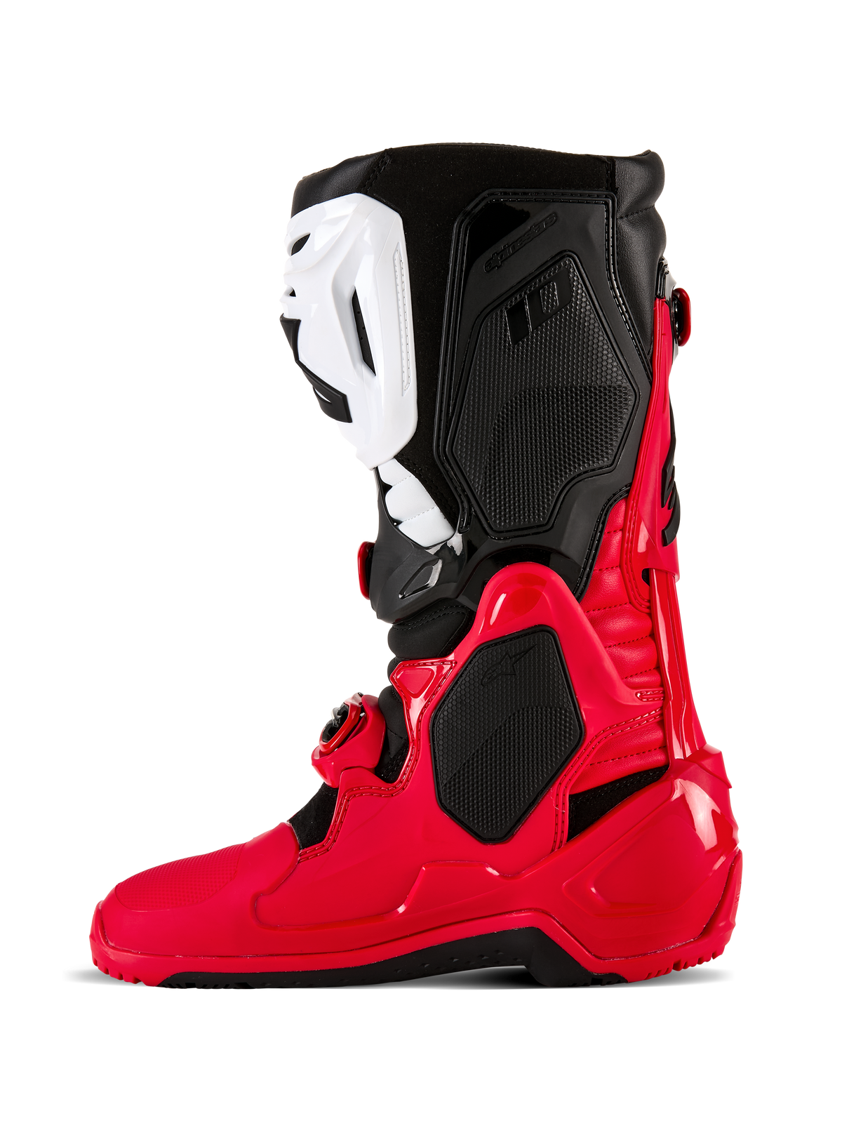 Alpinestars Tech 10 Enduro-stövlar, motocross- och endurostövlar, klarröda, svarta och vita, profilvy från sidan med ett hållbart TPU-skal, vit skenbensplatta och svarta övre paneler, designade för terrängprestanda.