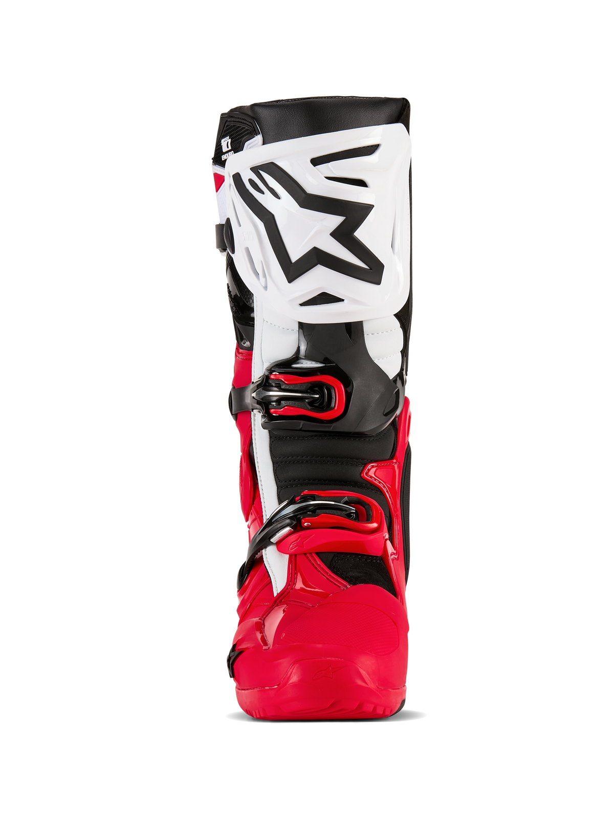 Alpinestars Tech 10 Enduro-stövlar, motocross- och endurostövlar, ljusröd, svart och vit, vy framifrån med en vit skenbensplatta med svart Alpinestars-logotyp, röd nedre struktur och säkert spännsystem, högpresterande skyddsutrustning för terrängkörning