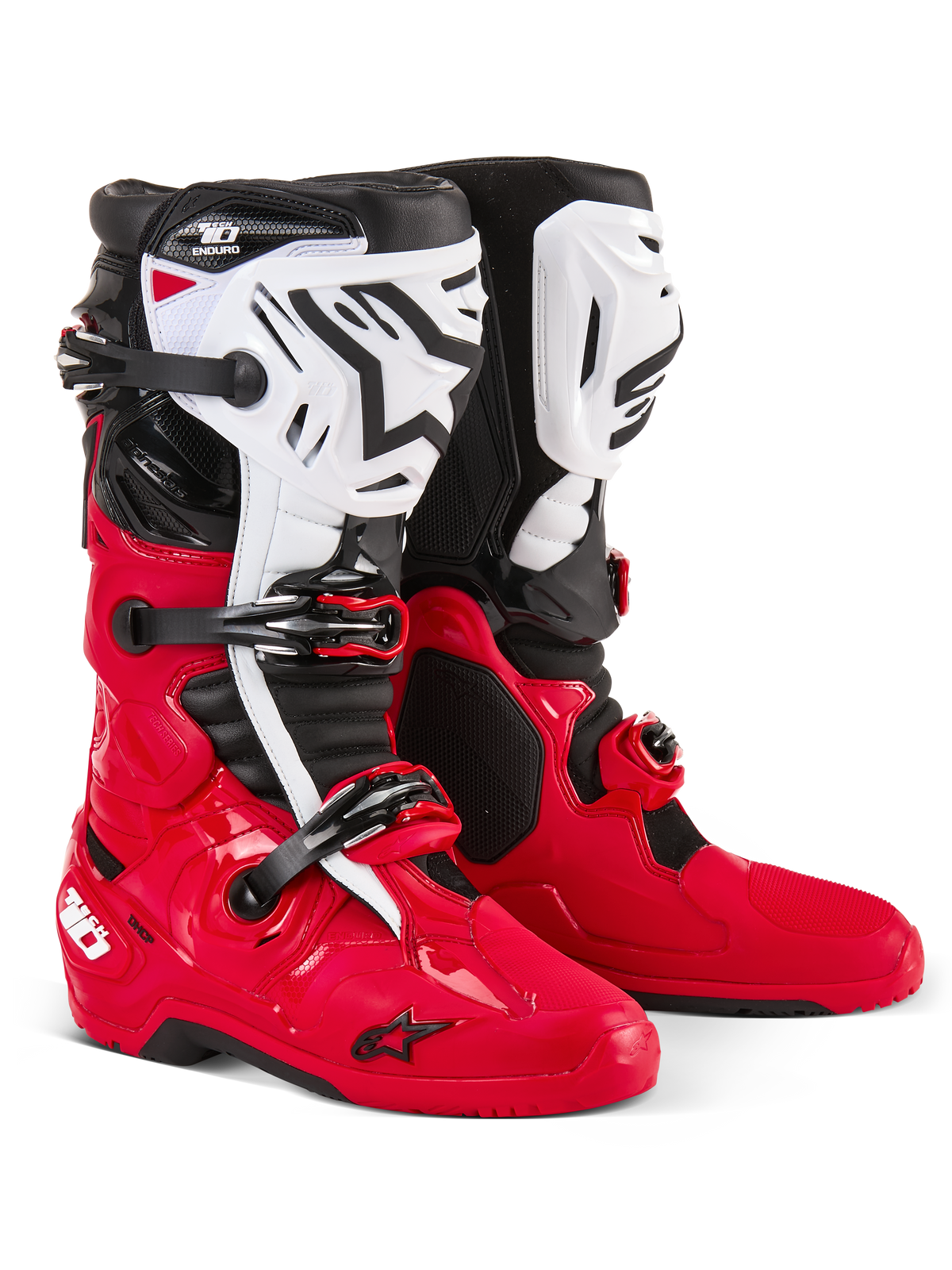Alpinestars Tech 10 Enduro-stövlar, motocross- och endurostövlar, klarröda, svarta och vita, vita skenbensplattor med svart Astars-logotyp, svarta spännen och remmar, hållbar design för terrängkörning