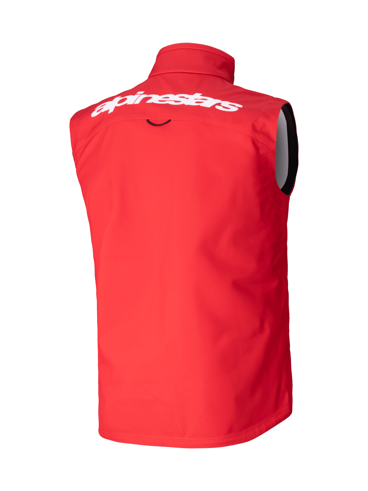 Alpinestars Techstar Softshell Väst, motocrossväst, röd, baksida med vit Alpinestars-text på övre ryggen, vindtätt stretch-softshellmaterial, ergonomisk ärmlös design för terrängkörning