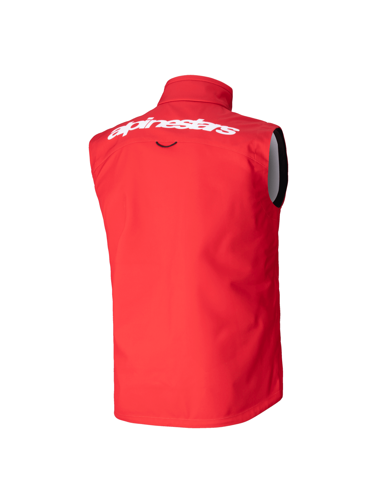 Alpinestars Youth Techstar Softshell-väst, motocrossväst, klar röd, baksida med ett stort vitt Alpinestars-ordmärke på övre delen av ryggen, ärmlös softshell-design med hög krage för vindskydd