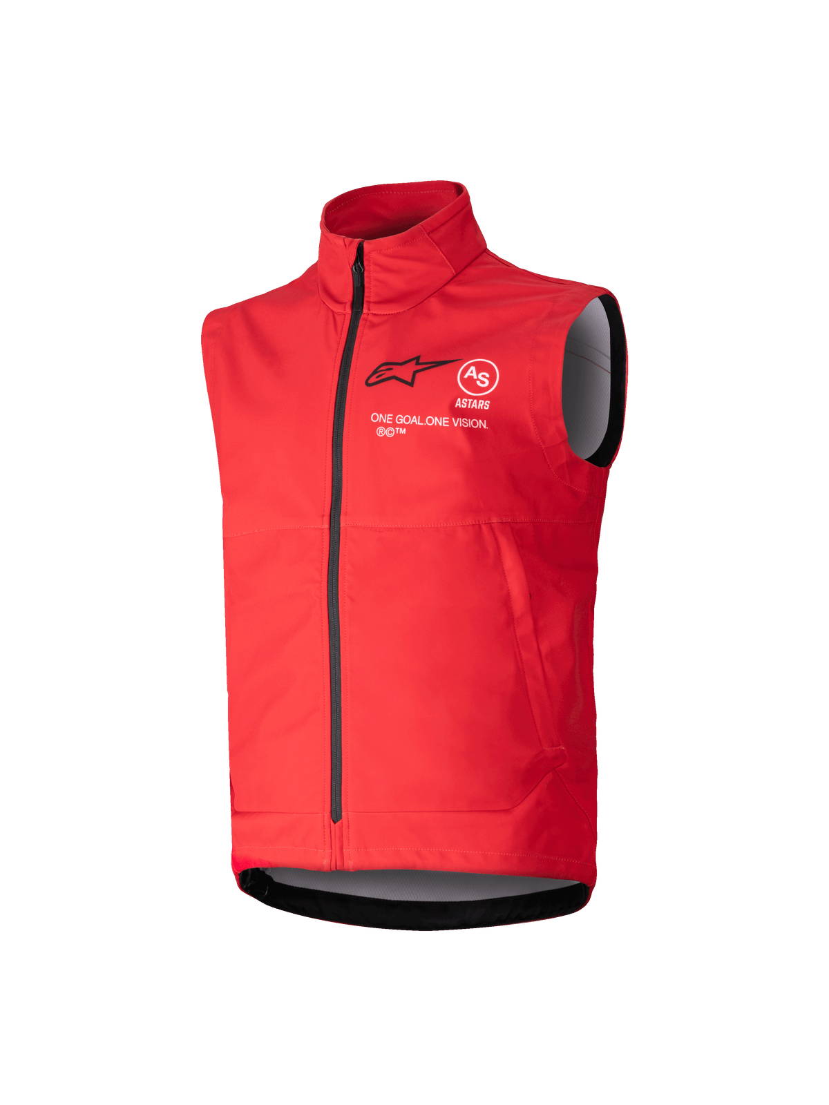 Alpinestars Youth Techstar Softshell Vest, klar röd, vindtät motocrossväst, hög krage med hellång svart dragkedja, ärmlös design med grått innerfoder, svart logotyp och vit text på bröstet