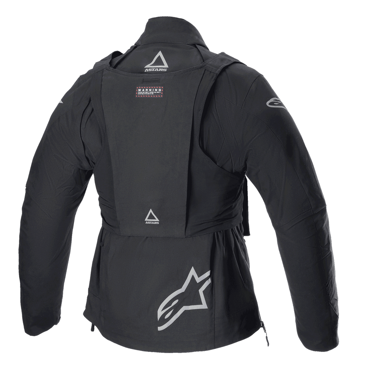 Alpinestars Techdura-jacka med taktisk väst, offroad-motorcykeljacka, Black Reflex, vy bakifrån med avtagbar taktisk väst med ASTARS-logotyper, stor stjärnlogotyp på nedre delen av ryggen, robust modulär konstruktion för endurokörning