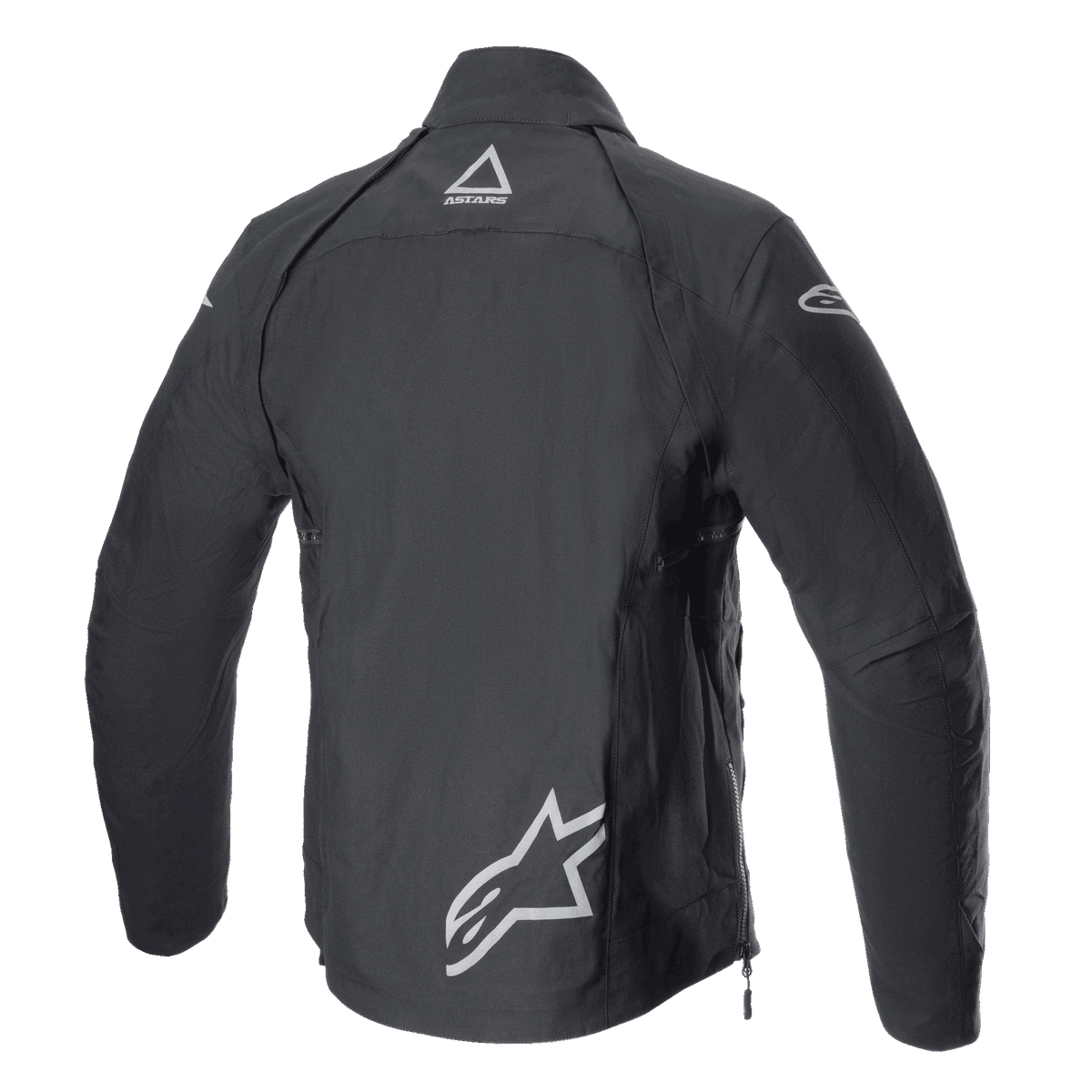 Alpinestars Techdura-jacka, Black Reflex, vy bakifrån av textiljacka för offroad-motorcykel, med reflekterande Alpinestars-logotyper på nedre delen av ryggen och nacken, robust design för enduro- och äventyrskörning