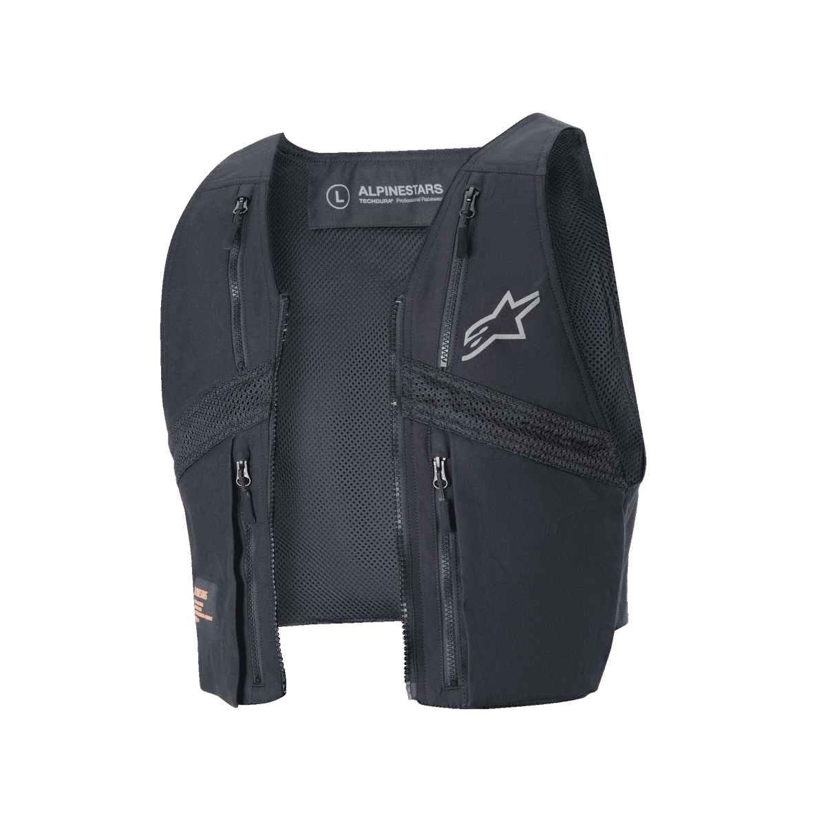 Alpinestars Techdura Tactical Vest, svart, avtagbar enduroväst till Techdura-jackan, utrustad med fyra bröstfickor med dragkedja, meshpaneler för ventilation och en grå Alpinestars-logotyp