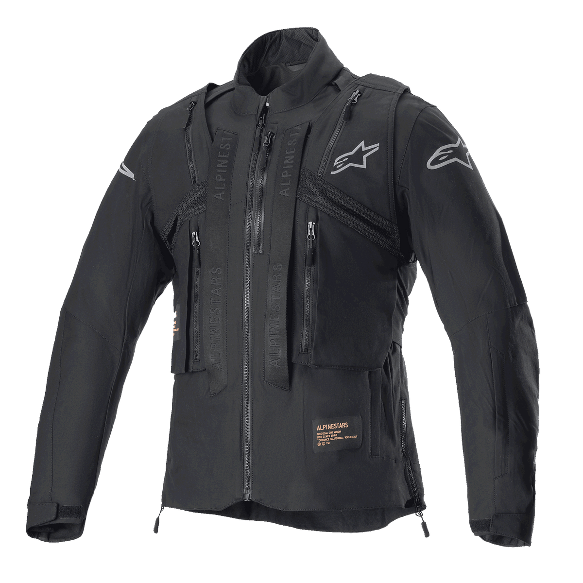 Alpinestars Techdura-jacka, Black Reflex, offroad-motorcykeljacka med integrerad taktisk väst, frontvy, flera praktiska fickor, robust textilkonstruktion och silvriga Alpinestars-logotyper, designad för endurokörning