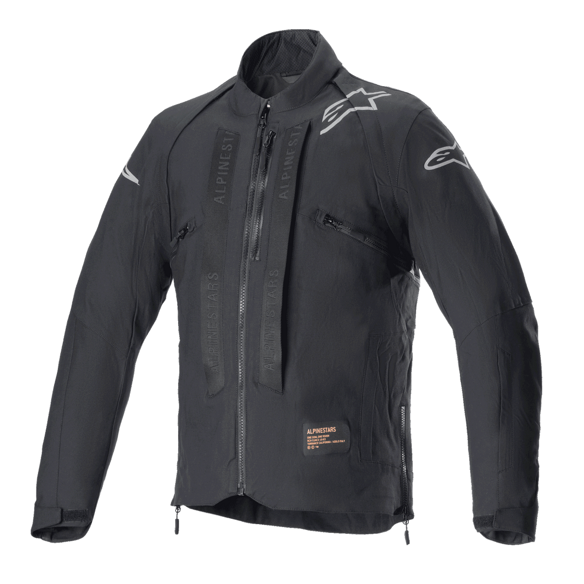 Alpinestars Techdura-jacka, Black Reflex offroad-motorcykeljacka, med vita stjärnlogotyper på axlarna, ton-i-ton Alpinestars-märkning på bröstpaneler, dragkedja fram och slitstark textilkonstruktion, teknisk endurodesign.