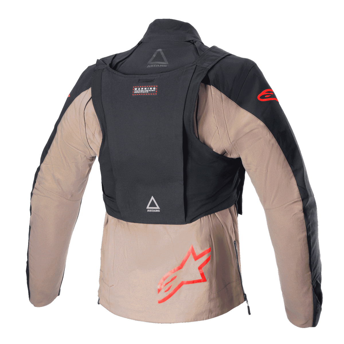 Alpinestars Techdura-jacka, Black Falcon Brown, vy bakifrån som visar den avtagbara taktiska packvästen, röda Alpinestars-stjärnlogotyper, robust textilkonstruktion för enduro- och offroadkörning