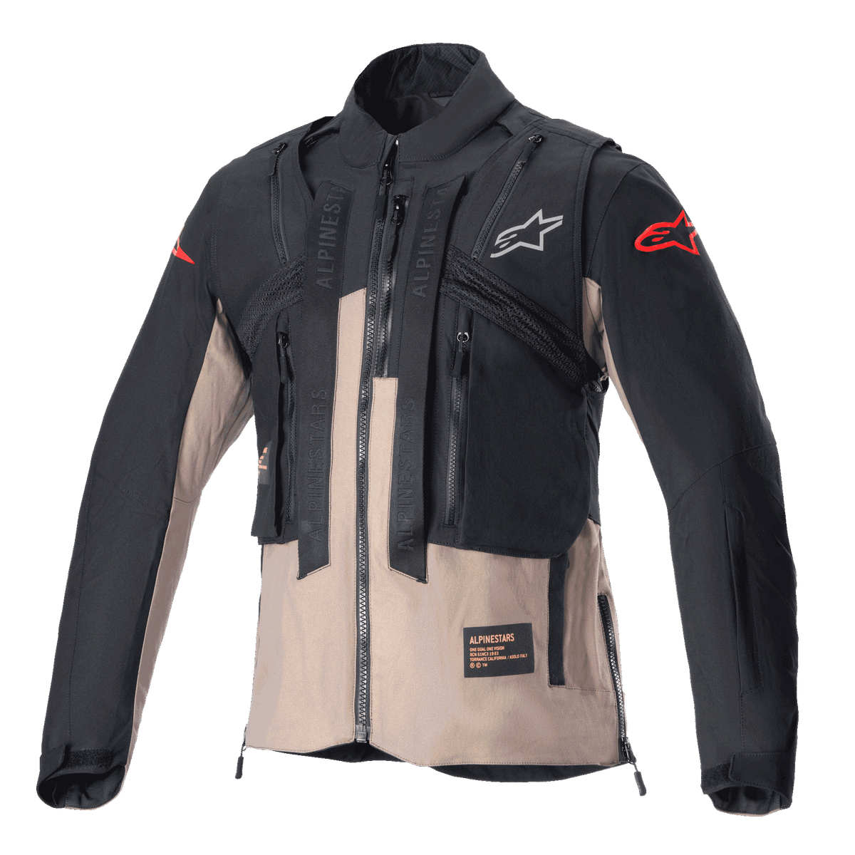 Alpinestars Techdura-jacka, enduro- och offroadjacka, svart och Falcon Brown, med modulär design och integrerad taktisk väst, flera praktiska fickor, hållbar textilkonstruktion och Alpinestars-logotyper på bröstet och ärmarna.