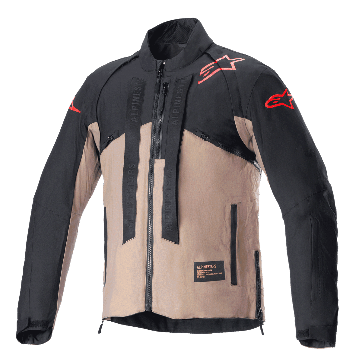 Alpinestars Techdura-jacka, off-road motorcykeljacka, Black Falcon Brown, tvåfärgad design med röda stjärnlogotyper på axlar och ärmar, vertikala Alpinestars-märkta remmar på bröstet, slitstarkt textilmaterial