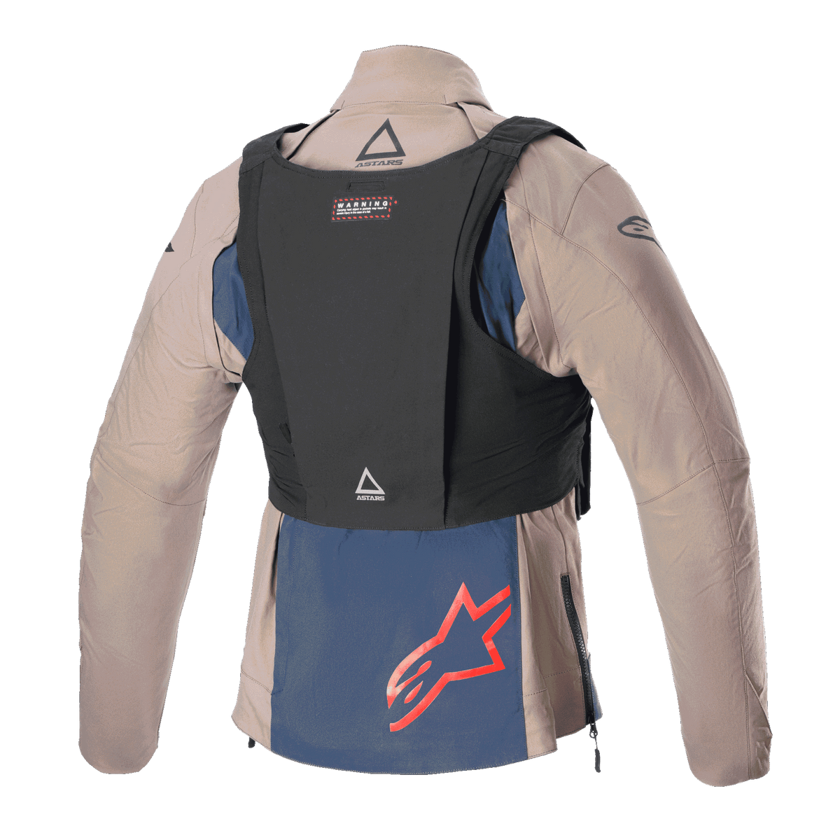 Alpinestars Techdura-jacka, Falcon Brown och Night Navy, baksida med svart taktisk väst, med en röd Alpinestars-logotyp på den marinblå nedre panelen, robust textilkonstruktion för enduro- och terrängkörning