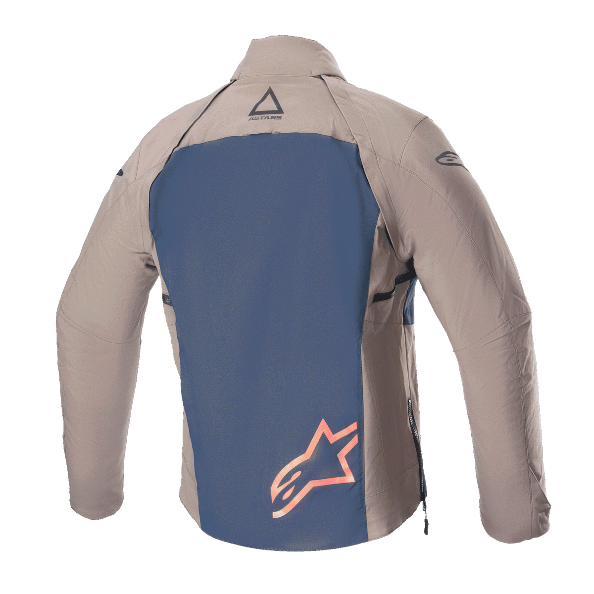Alpinestars Techdura-jacka, baksida, Falcon Brown och Night Navy, med en mörkblå ryggpanel med en stor orange stjärnlogotyp, bruna textilärmar och axlar, hållbar konstruktion i stretch-polyamid för enduro- och offroadkörning