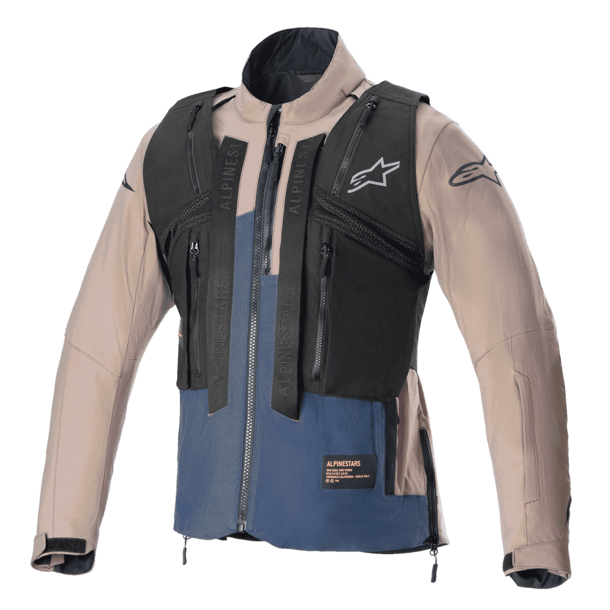 Alpinestars Techdura-jacka, Falcon Brown och Night Navy, med en avtagbar svart taktisk väst med flera dragkedjefickor, robust konstruktion i stretch-polyamid, stjärnlogotyp på bröstet och ärmarna, designad för enduro- och offroadkörning.