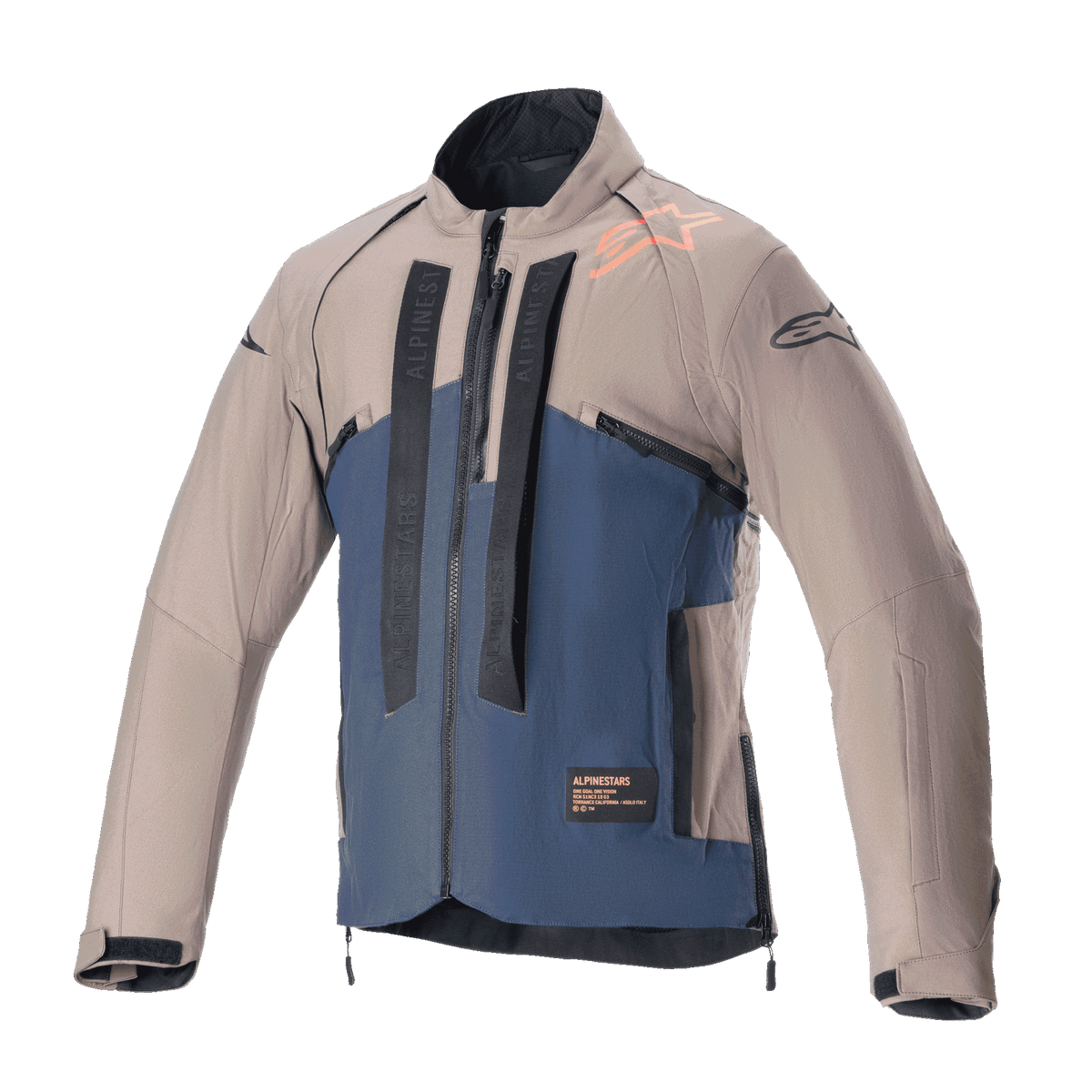 Alpinestars Techdura jacka, offroad-motorcykeljacka, Falcon Brown och Night Navy, vy framifrån, tvåfärgad konstruktion med vertikal svart Alpinestars-logotyp, orange logotyp på axeln, hög krage och dragkedja fram, teknisk utrustning för enduro- och äventyrskörning.