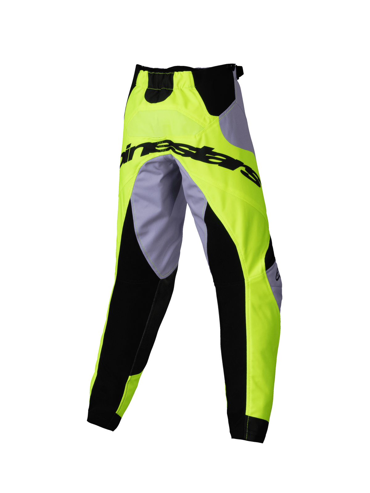 Alpinestars 2025 Kids Racer Veil Pants, motocrossbyxor, grå och gul fluo, med svarta stretchpaneler och Alpinestars-logotyp över baksidan, sportig ergonomisk design för terrängkörning för ungdomar