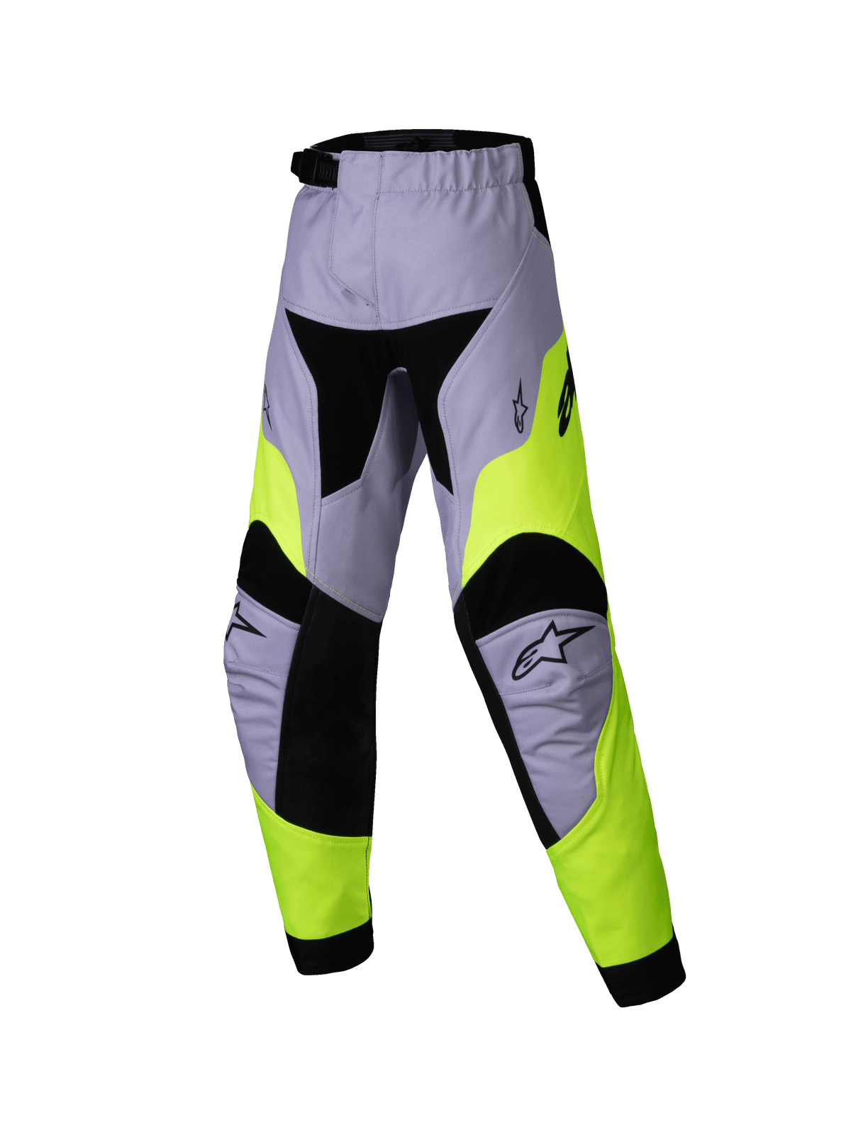 Alpinestars 2025 Kids Racer Veil byxor, motocrossbyxor för barn, grå och neongula, teknisk flerpanelsdesign med svarta detaljer, Alpinestars stjärnlogotyper på knäna, slitstarkt material för offroad-racing