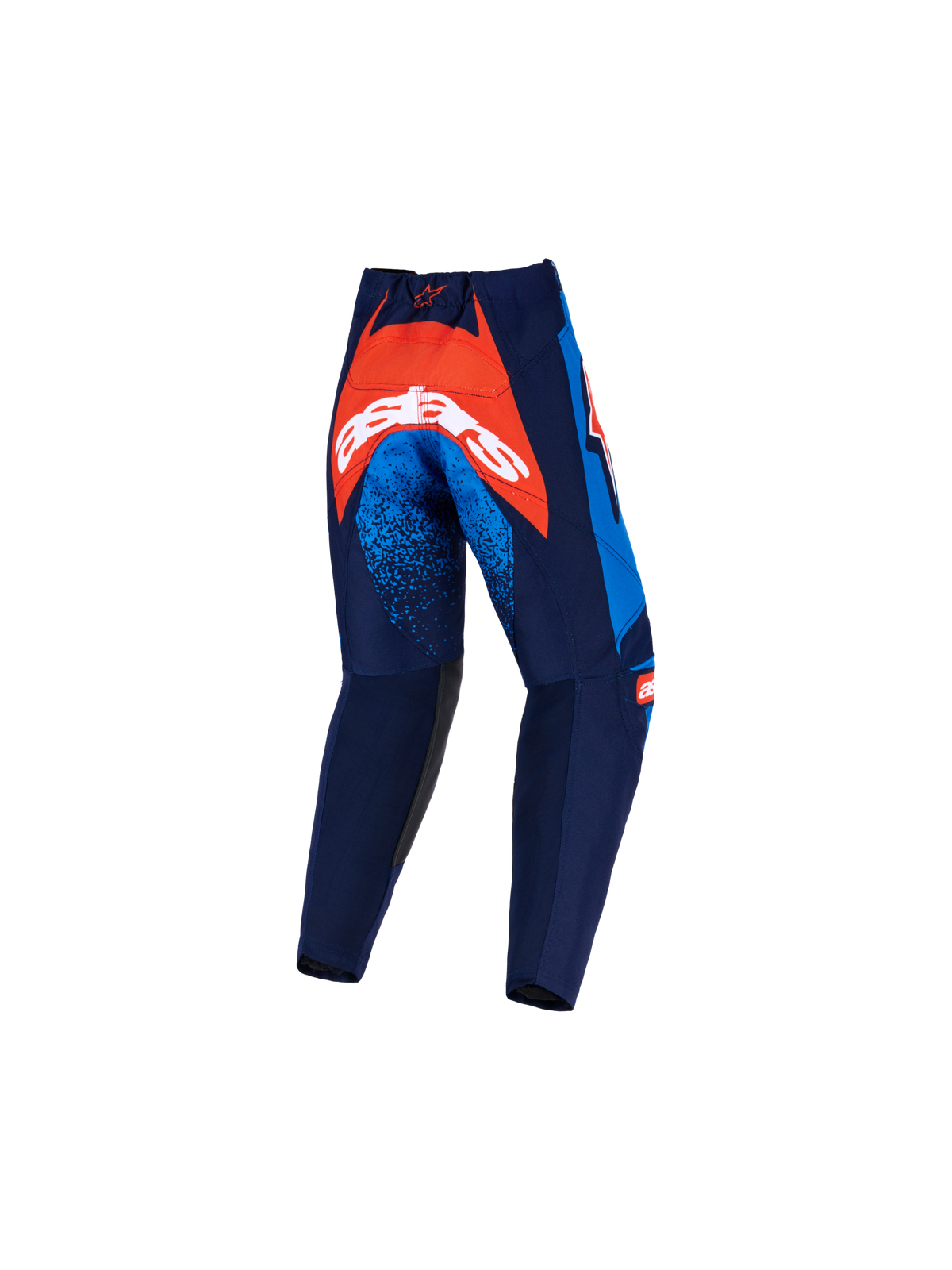 Alpinestars 2026 Kids Racer Nomur Pants, Motocross Pants, Dark Navy Orange and UCLA Blue, rear view featuring a large orange panel on the seat with white branding, blue speckled accents on the thighs, and durable textile construction for off-road riding.
