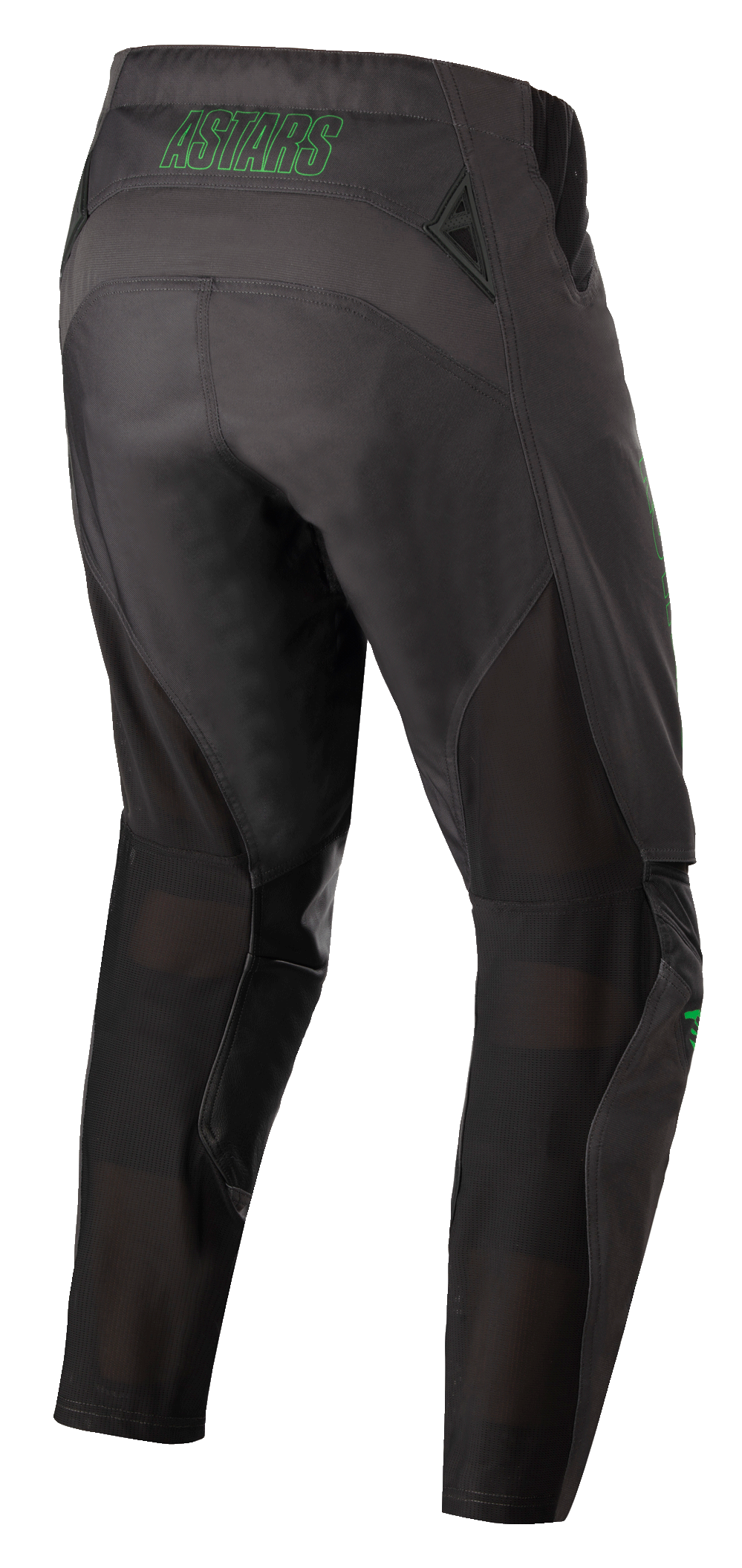 Alpinestars Techstar Phantom-byxor, motocrossbyxor, antracitgrå och neongrön, vy bakifrån med neongrön 'ASTARS'-logotyp på midjan, ventilationspaneler i mesh på baksidan av benen och förstärkt säte för hållbarhet vid terrängkörning