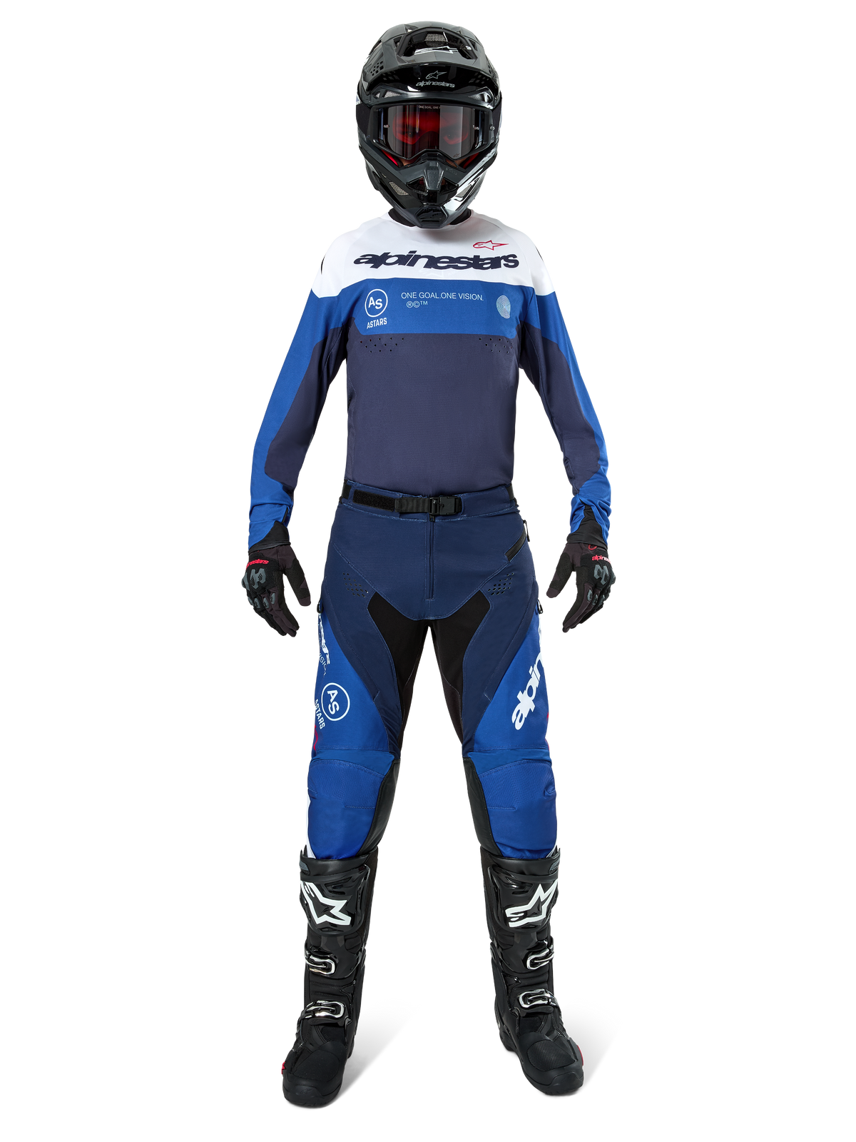 Alpinestars Pro-Dura byxor, motocross- och endurobyxor, marinblå, klarblå och vit, bärs av en förare i en komplett racingutrustning med en matchande tröja, svart hjälm, röda goggles och svarta stövlar, professionell offroad-utrustning