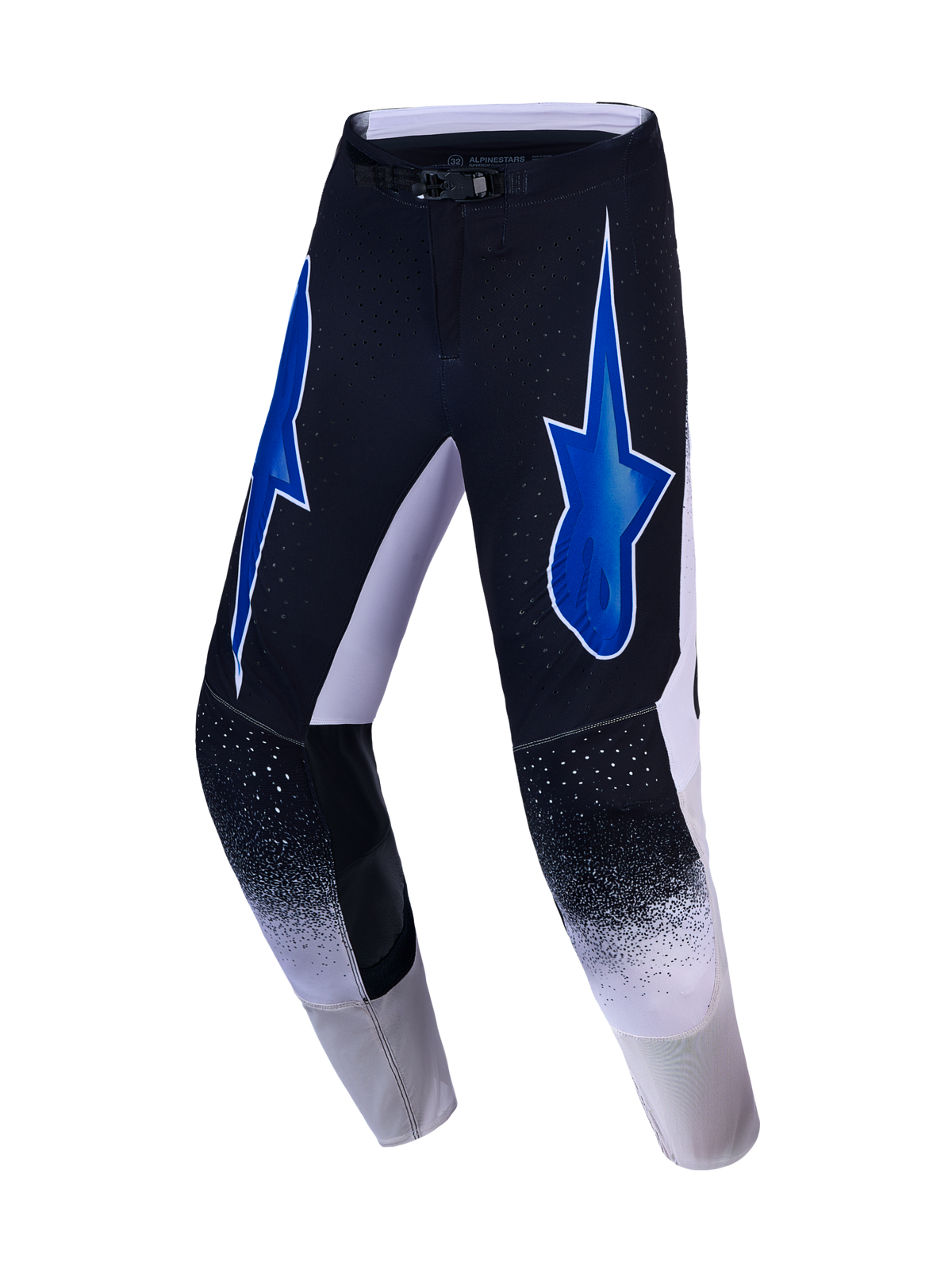 Alpinestars Supertech Hiten AFD motocrossbyxor, svarta och vita med blå stjärngrafik och ventilation för terrängkörning.