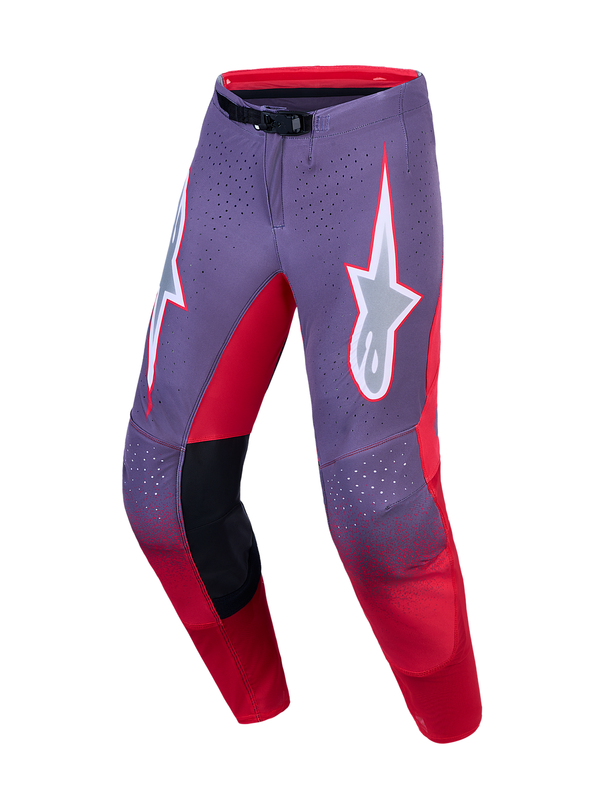 Alpinestars Supertech Hiten AFD motocrossbyxor, lila och röda med laserskuren ventilation och exakt race-passform.