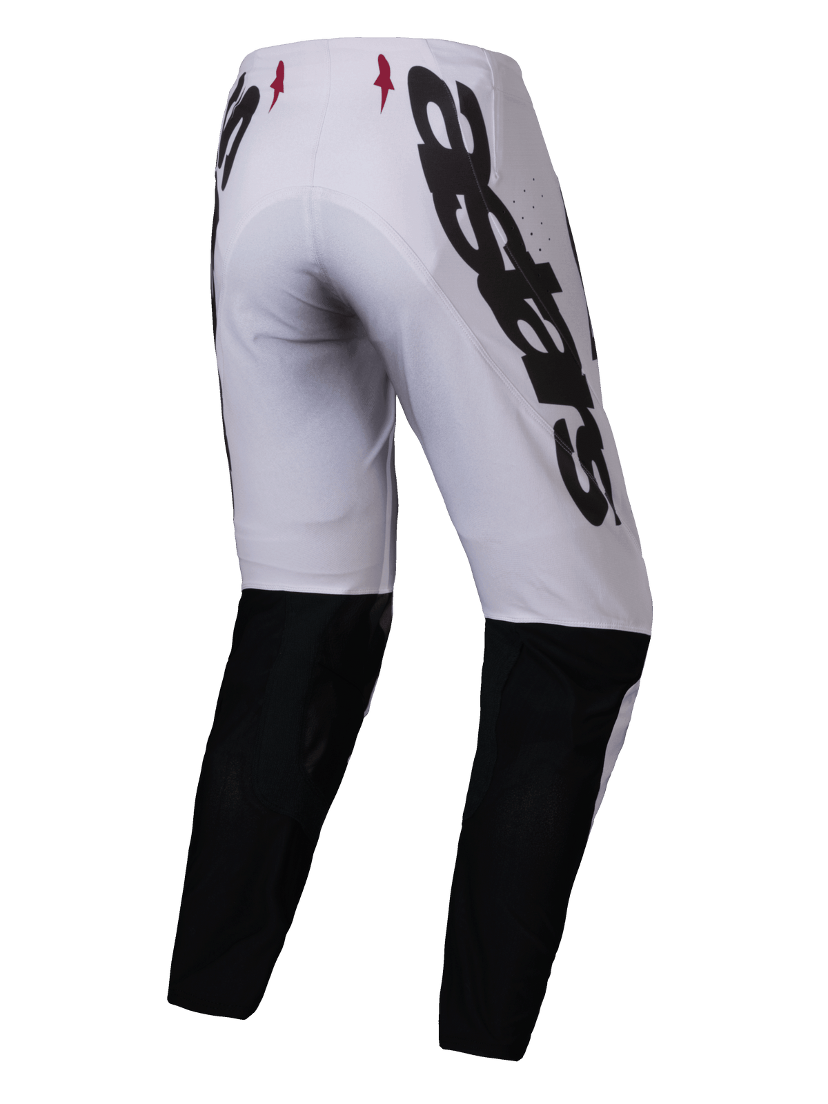 Alpinestars 2025 Supertech Maker-byxor, motocrossbyxor, silver och svarta, vy bakifrån med stor svart Alpinestars-logotyp på sidan, svarta paneler på underbenen och små röda stjärnlogotyper i midjan, designade för professionell terrängprestanda.
