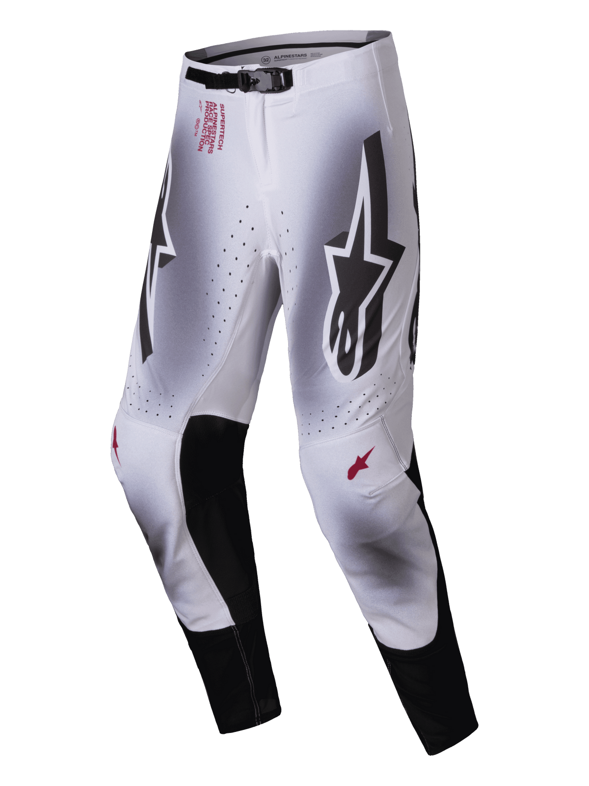 Alpinestars 2025 Supertech Maker byxor, motocrossbyxor, silver och svarta, med stora svarta Astars-logotyper på låren, röda tekniska detaljer på höften, inre knäpaneler i svart läder och perforerade ventilationszoner.